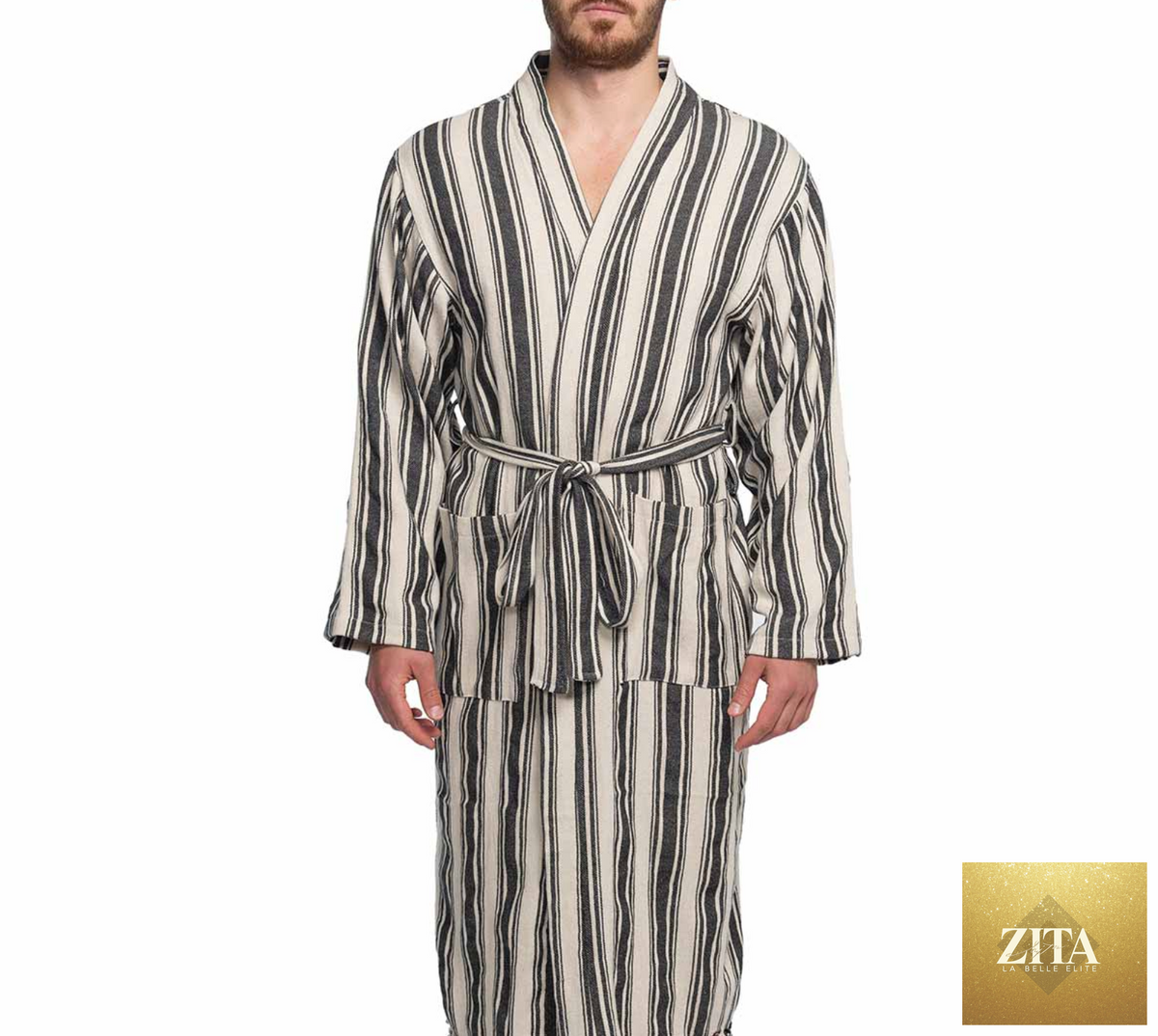 Black Turkish cotton linen blend kimono bathrobe by Zita La Belle Elite, lightweight unisex Turkish towel robe, shown on model.