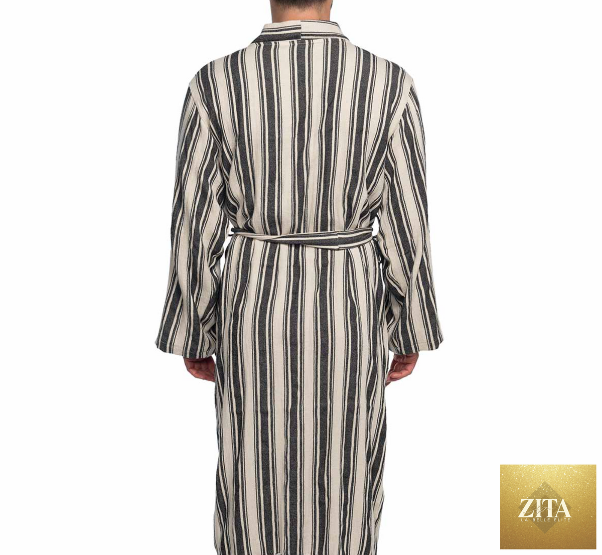 Black Turkish cotton and linen blend kimono bathrobe by Zita La Belle Elite, lightweight unisex Turkish towel robe for relaxing comfort.