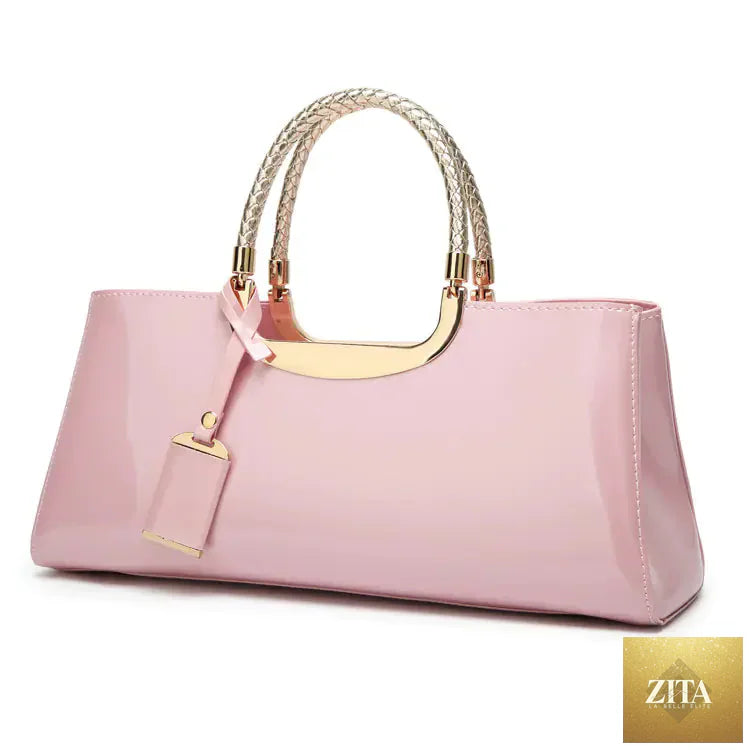 Elegant glossy patent leather women’s handbag for brides, stylish purse with sleek design and top handle, by Trendy Attic Store01.