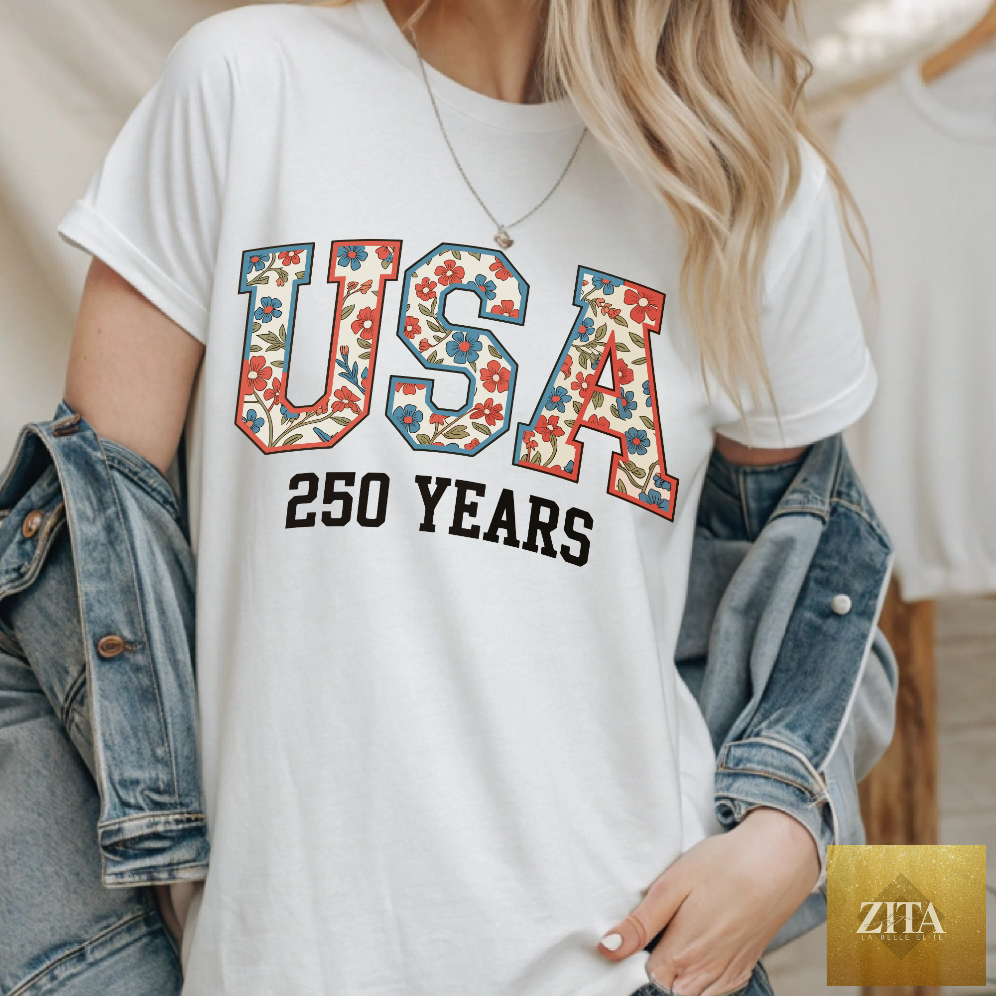 USA 1776 floral long sleeve T-shirt with crewneck hoodie from Salted Words, LLC, featuring patriotic floral design on the front.