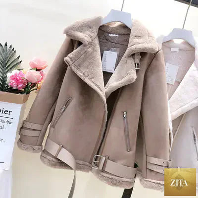 Women's Lamb Wool Jacket with thick suede leather, stylish motorcycle coat by Zita La Belle Elite for winter warmth and fashion.