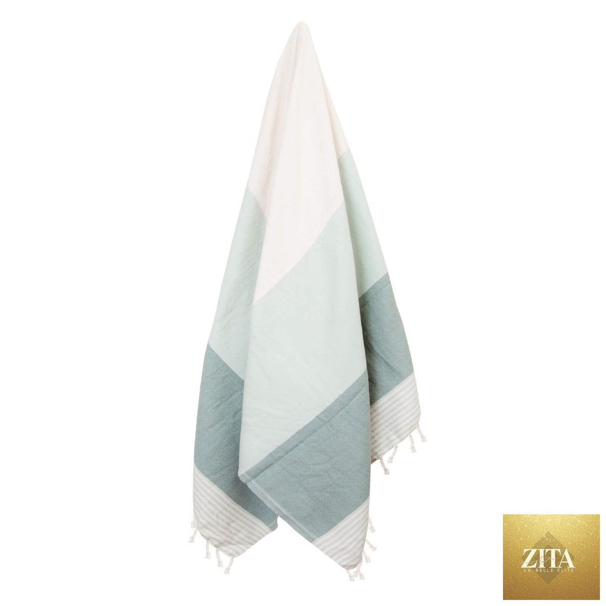 Multicolor Turkish towel bundle by Zita La Belle Elite with mint green, gray, and white striped Turkish towels laid flat.