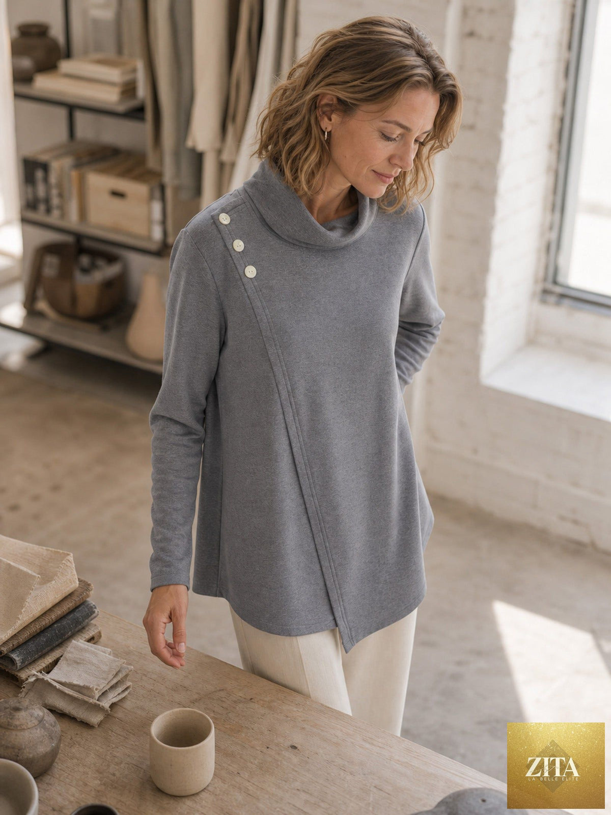 Mock Neck Buttoned Stretch Top ZARIA