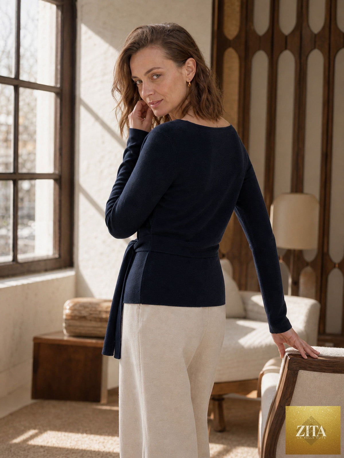 Merino Wool Belted Waist Boat Neck Top NATALIA