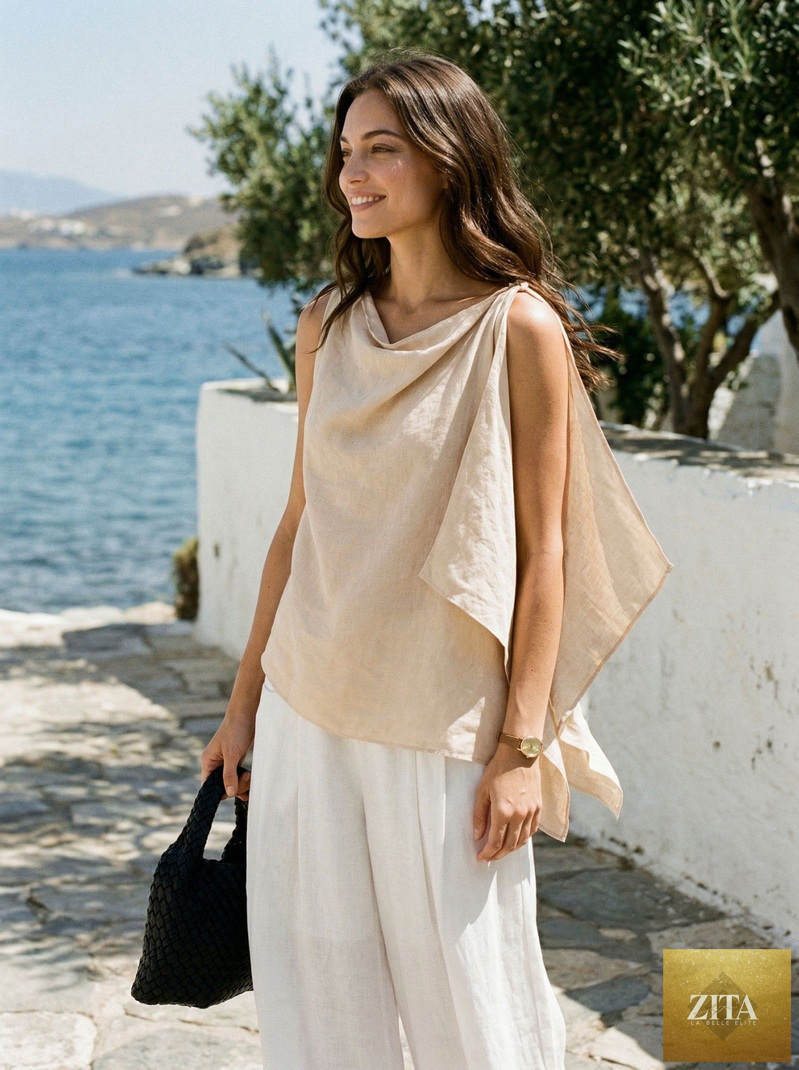 LINTICO 100% linen cowl-neck asymmetric blouse, stylish top with relaxed fit and natural linen fabric.