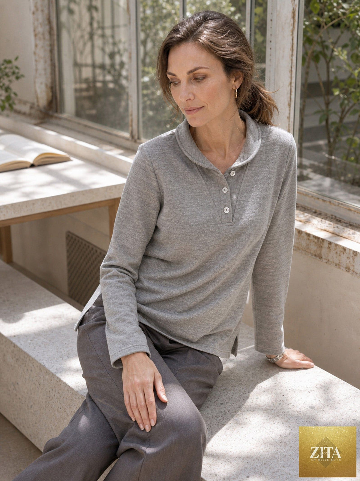 Lyocell Wool Peter Pan Collar Shell Button Knit Top ELIANE