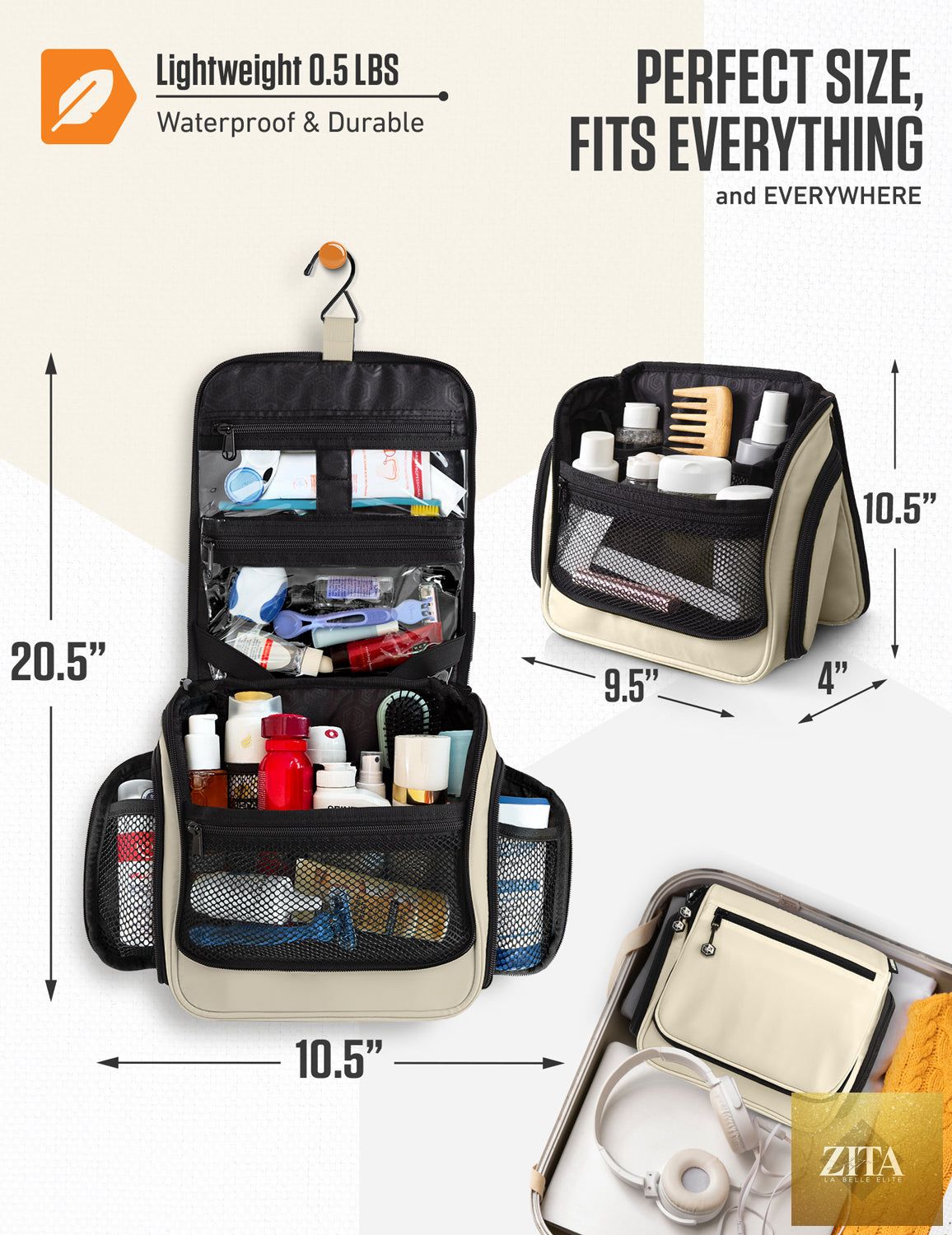 Venture 4th beige hanging travel toiletry bag with multiple compartments and hooks for organized packing.