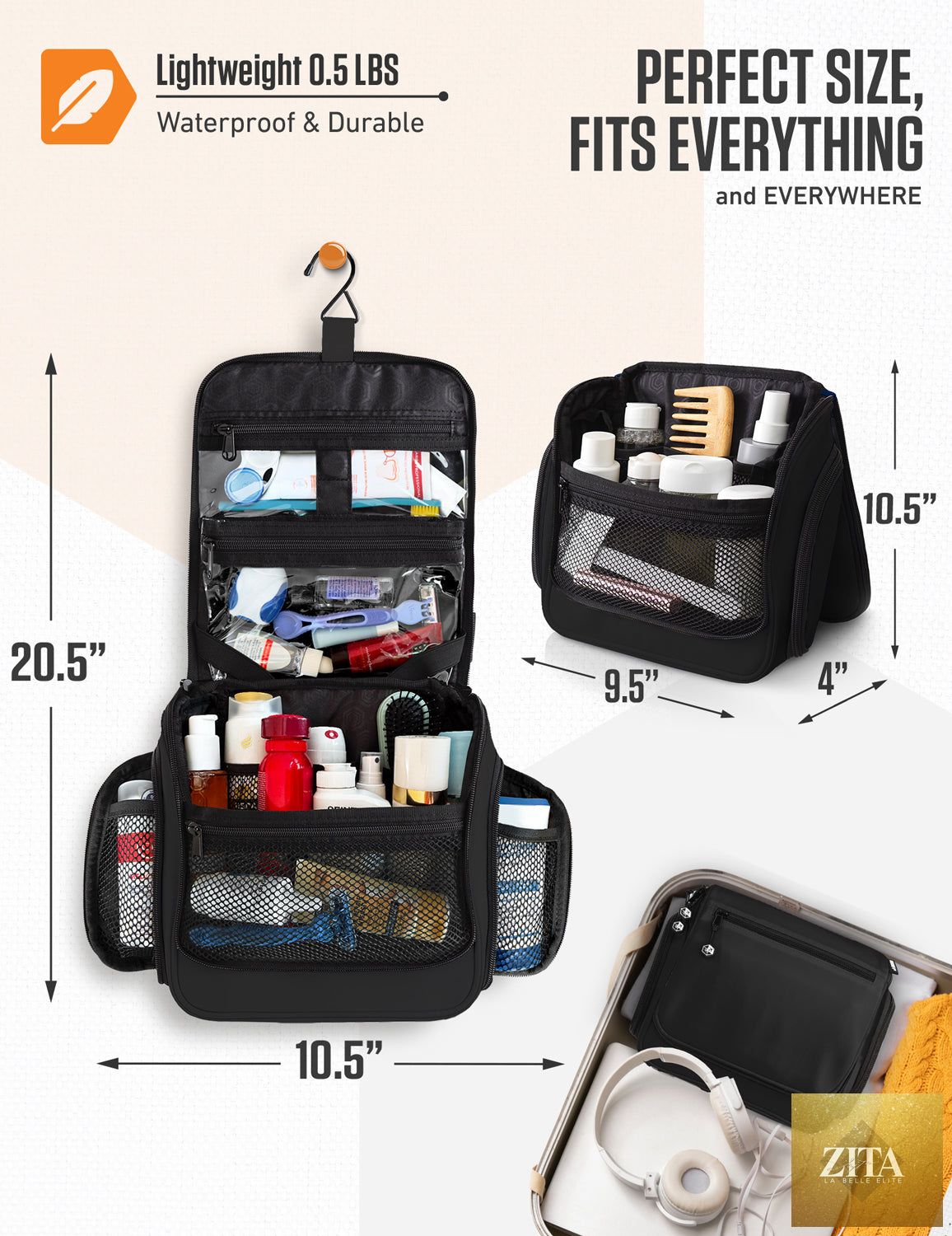Black VENTURE 4TH hanging travel toiletry bag with multiple compartments, shown hanging open with toiletries inside.