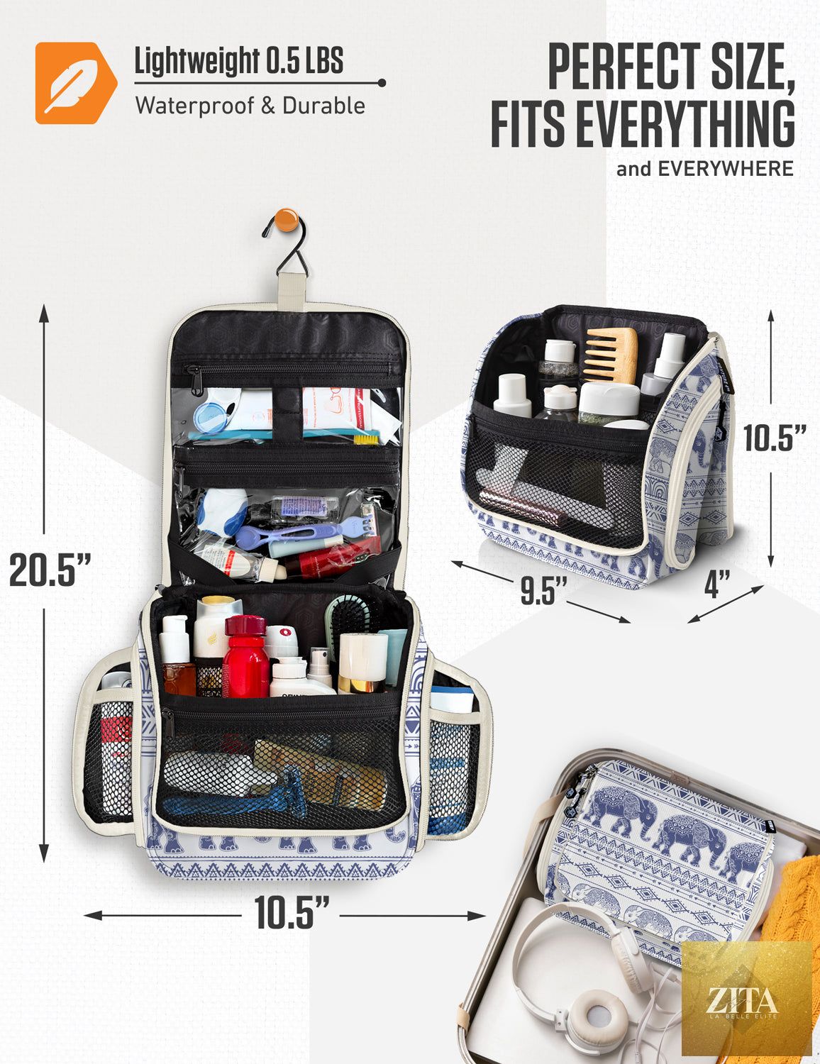 Blue hanging travel toiletry bag by VENTURE 4TH with elephant design, compact and convenient for organizing toiletries on the go.
