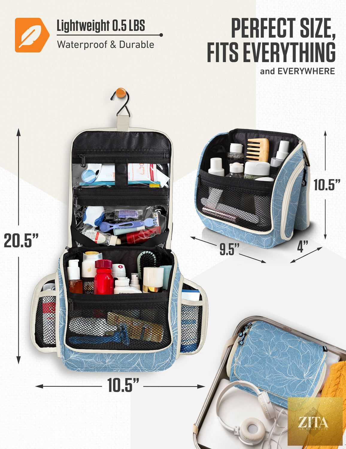 Blue floral hanging travel toiletry bag by VENTURE 4TH with multiple compartments and hanging hook for easy organization.