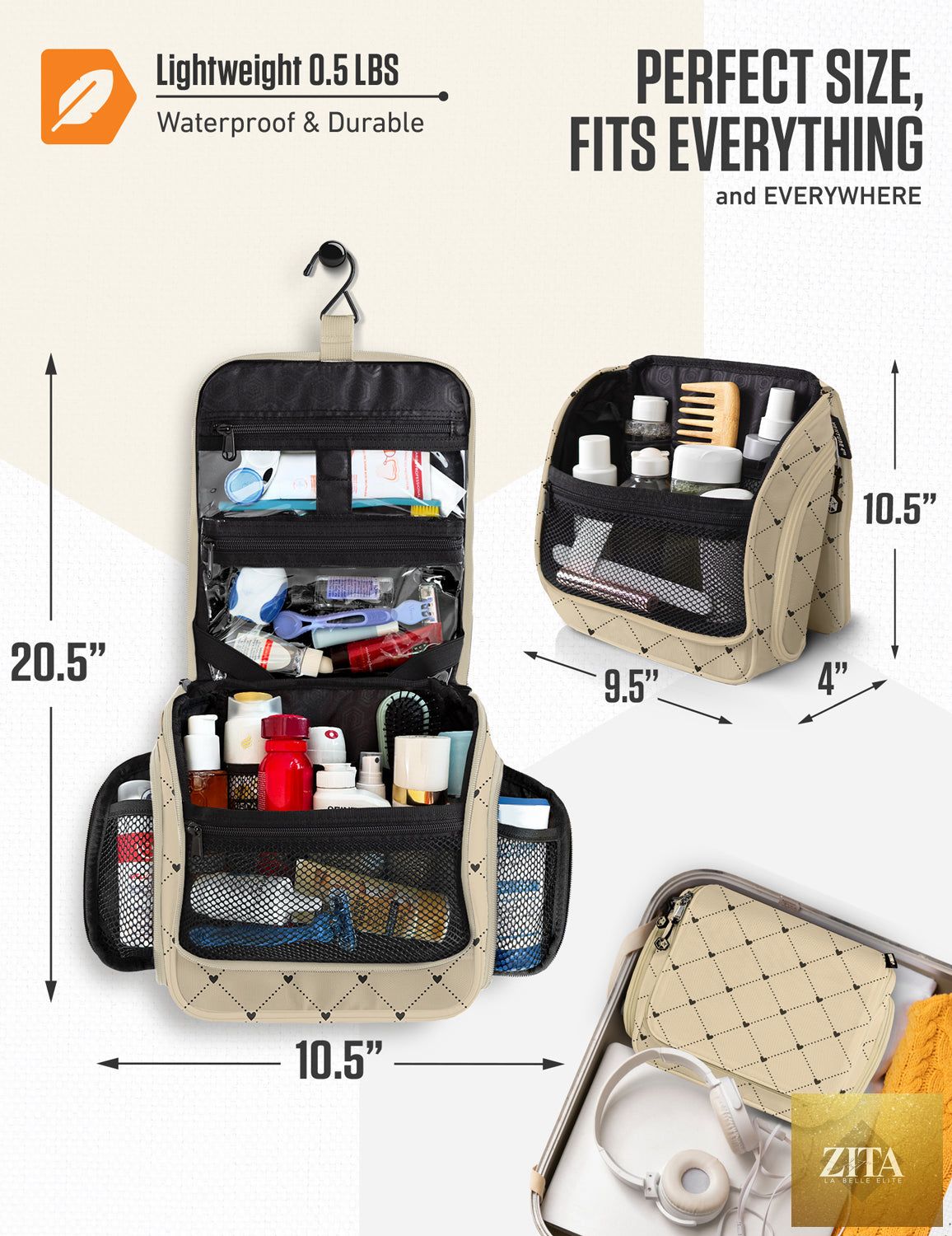 Venture 4th hanging travel toiletry bag in beige with diamond pattern, compact design with multiple compartments for toiletries.