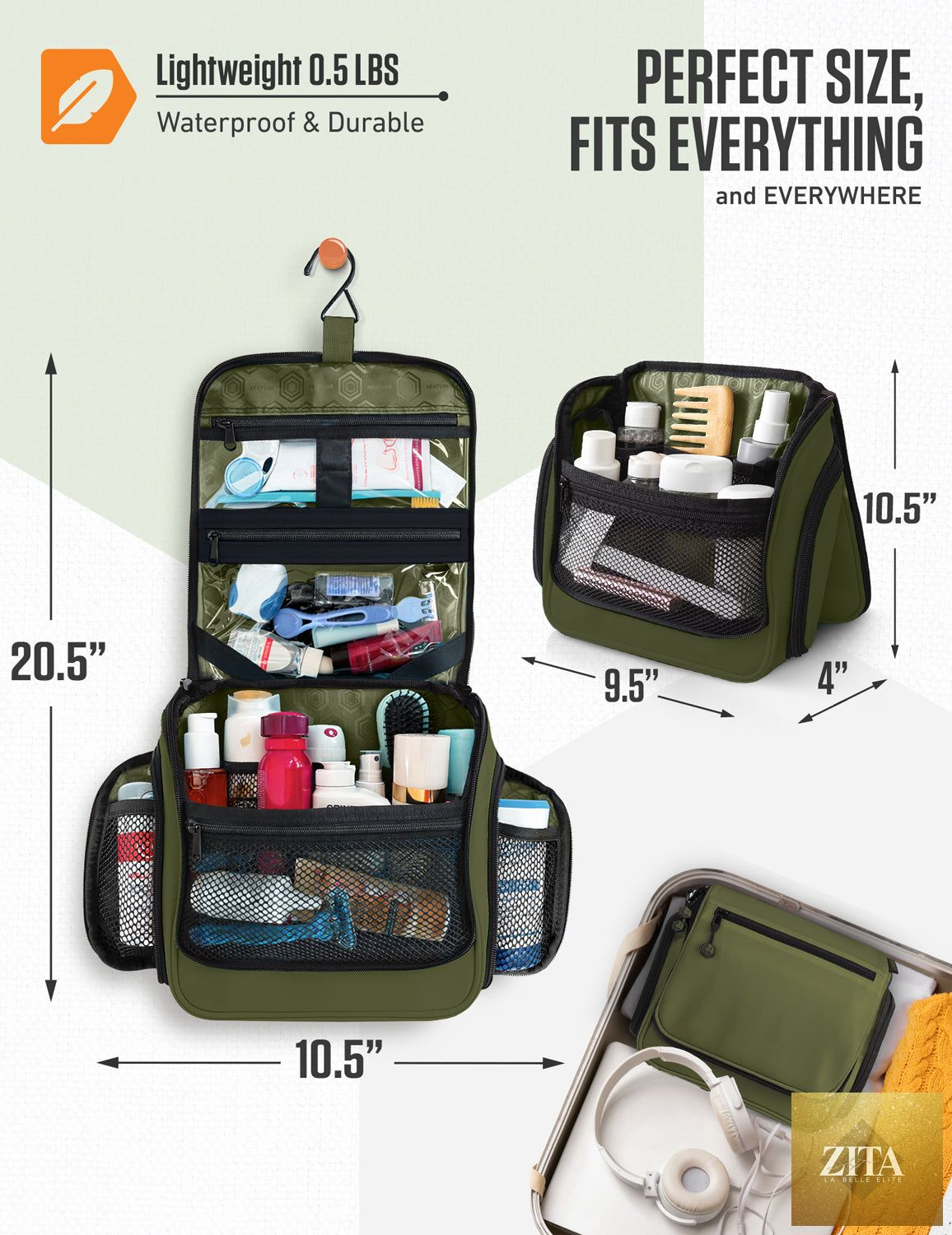 Venture 4th hanging travel toiletry bag with multiple compartments and hanging hook, designed for organizing toiletries on the go.