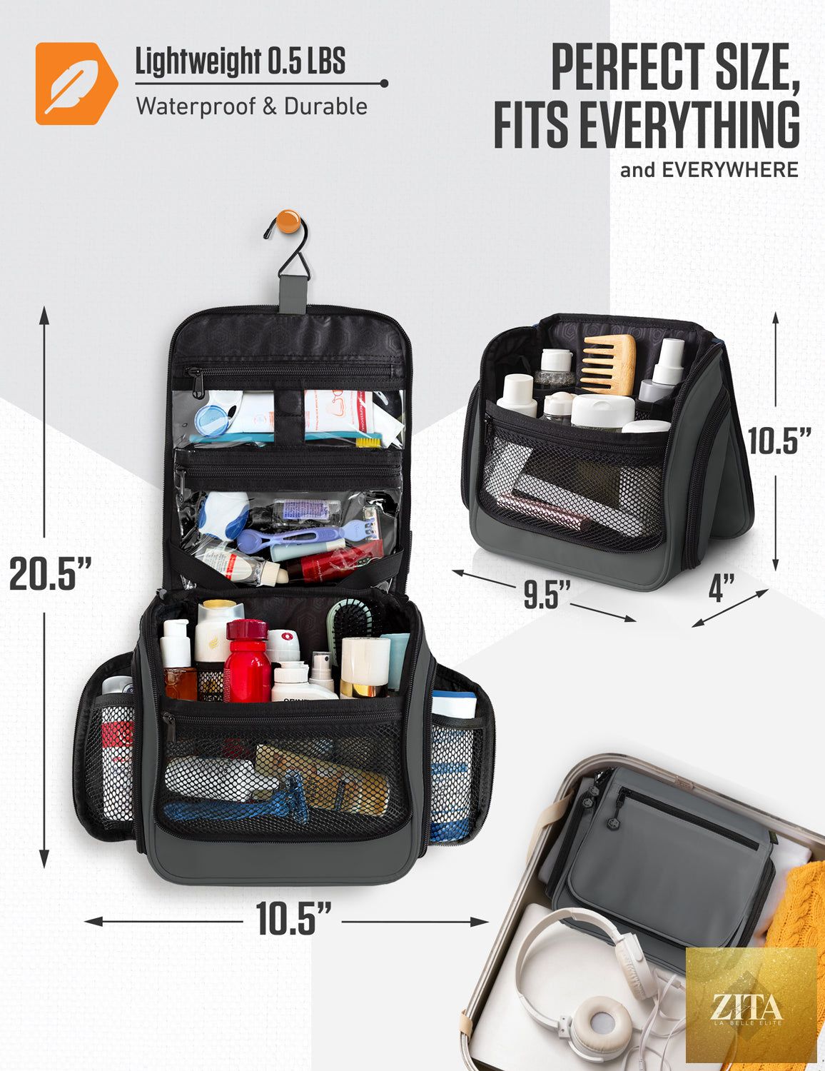 Gray and black VENTURE 4TH hanging travel toiletry bag with multiple compartments and a sturdy zipper for organized packing.