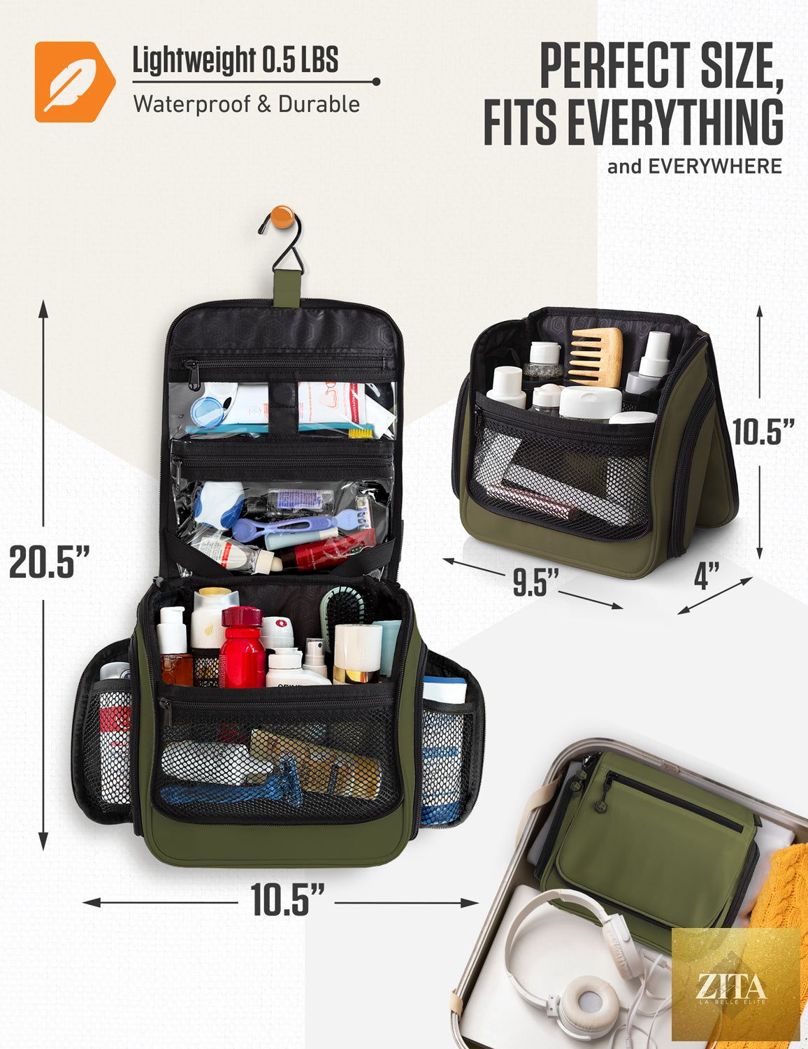 Venture 4th hanging travel toiletry bag in green and black with multiple compartments and a sturdy hook for easy organization.