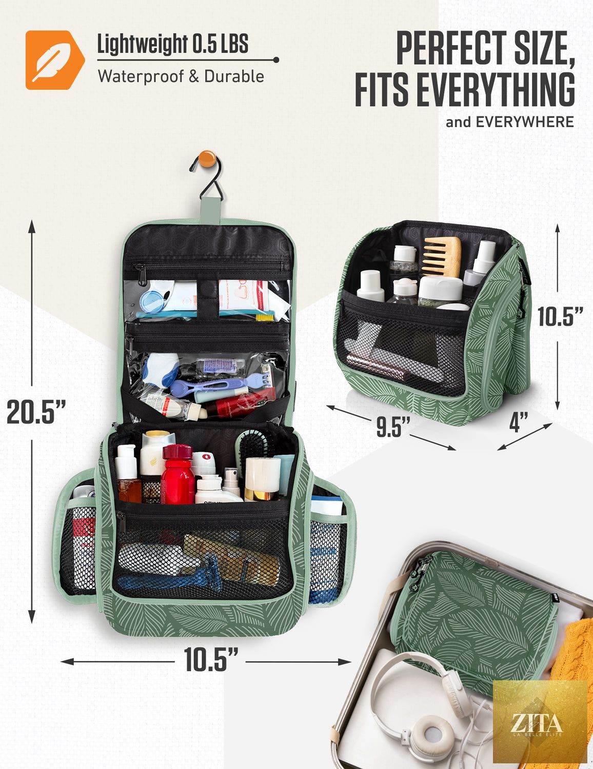Green VENTURE 4TH hanging travel toiletry bag with leaf pattern, compact design, and multiple compartments for toiletries.