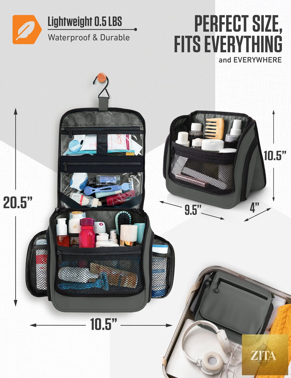 Gray VENTURE 4TH hanging travel toiletry bag with multiple compartments and a sturdy hanging hook.