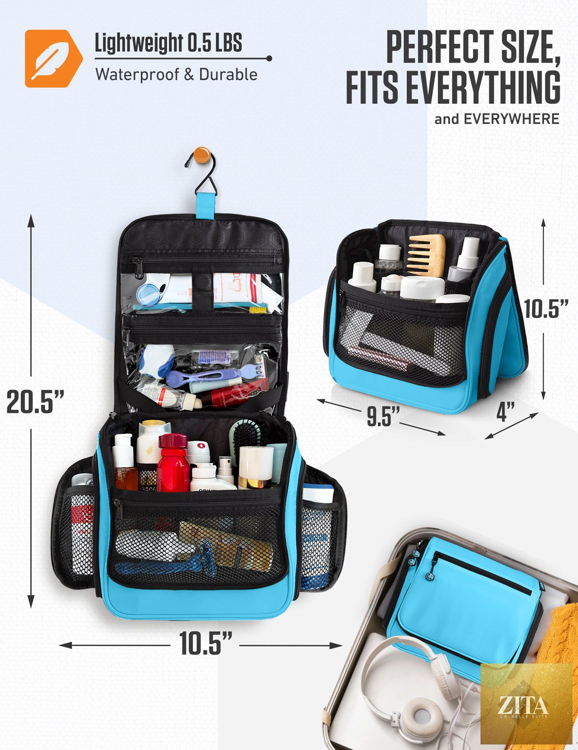 Venture 4th hanging light blue travel toiletry bag with multiple compartments and hanging hook for organized packing.