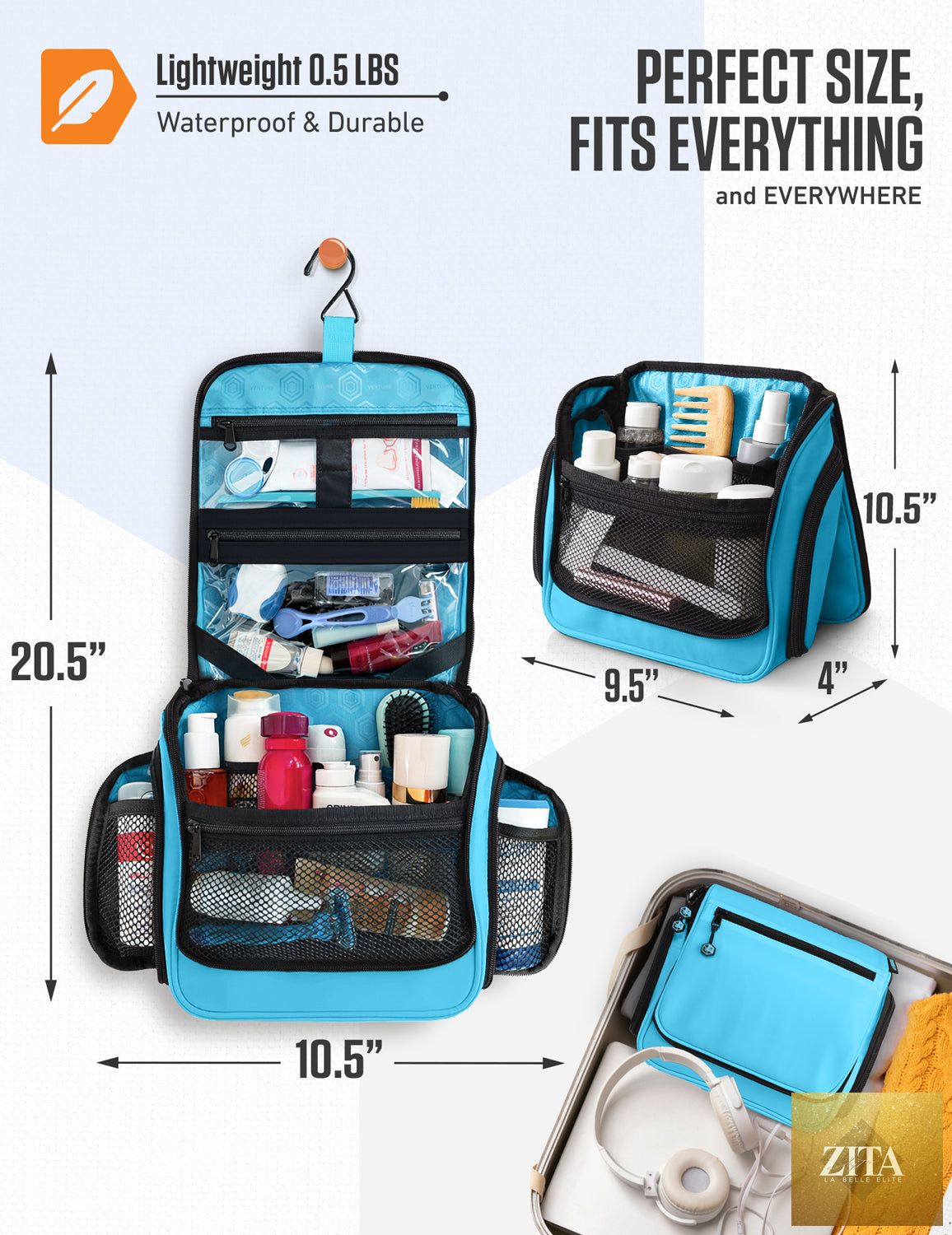 Light blue VENTURE 4TH hanging travel toiletry bag with multiple compartments and a hanging hook, designed for organized packing.
