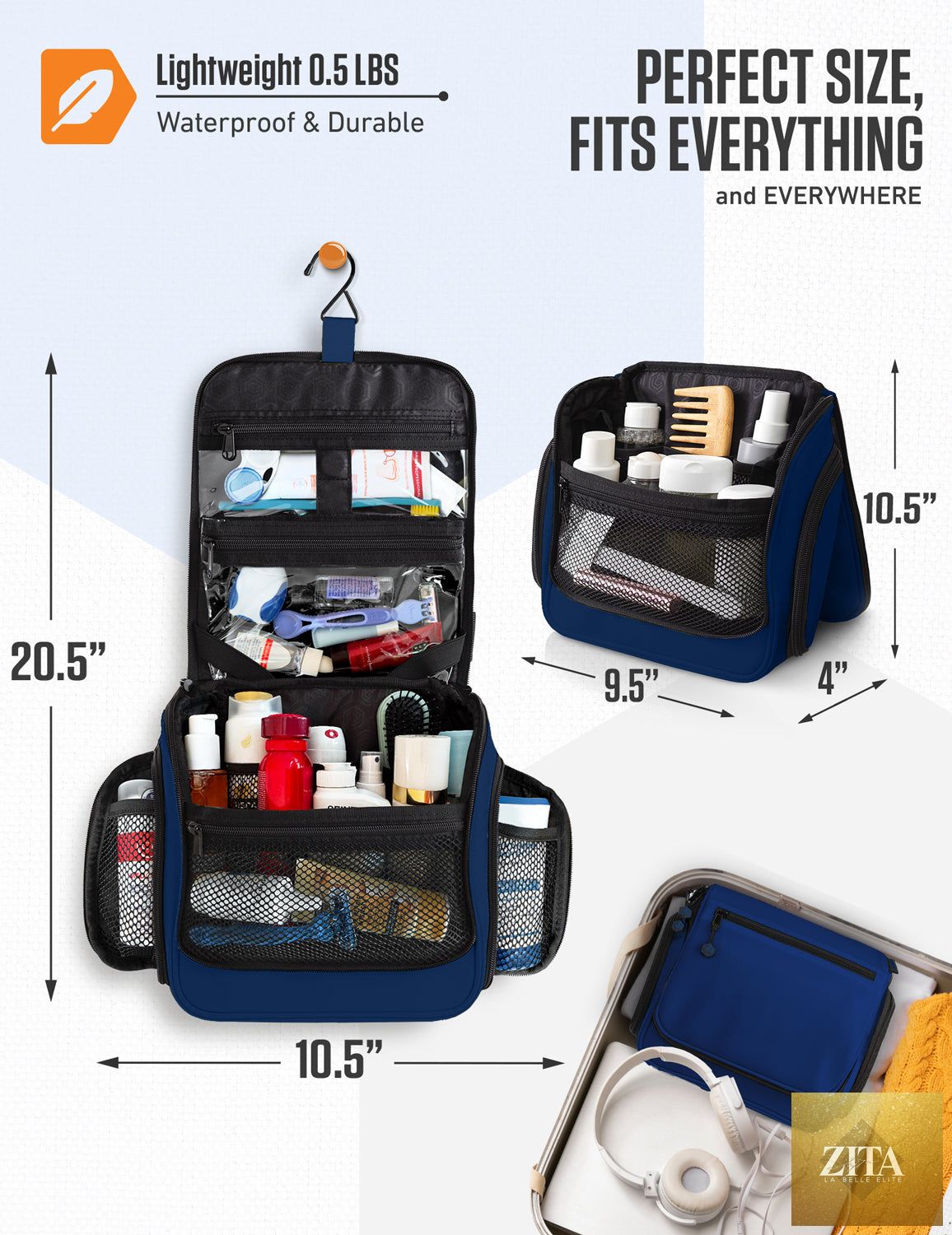 Navy blue VENTURE 4TH hanging travel toiletry bag with multiple compartments and a durable zip closure.