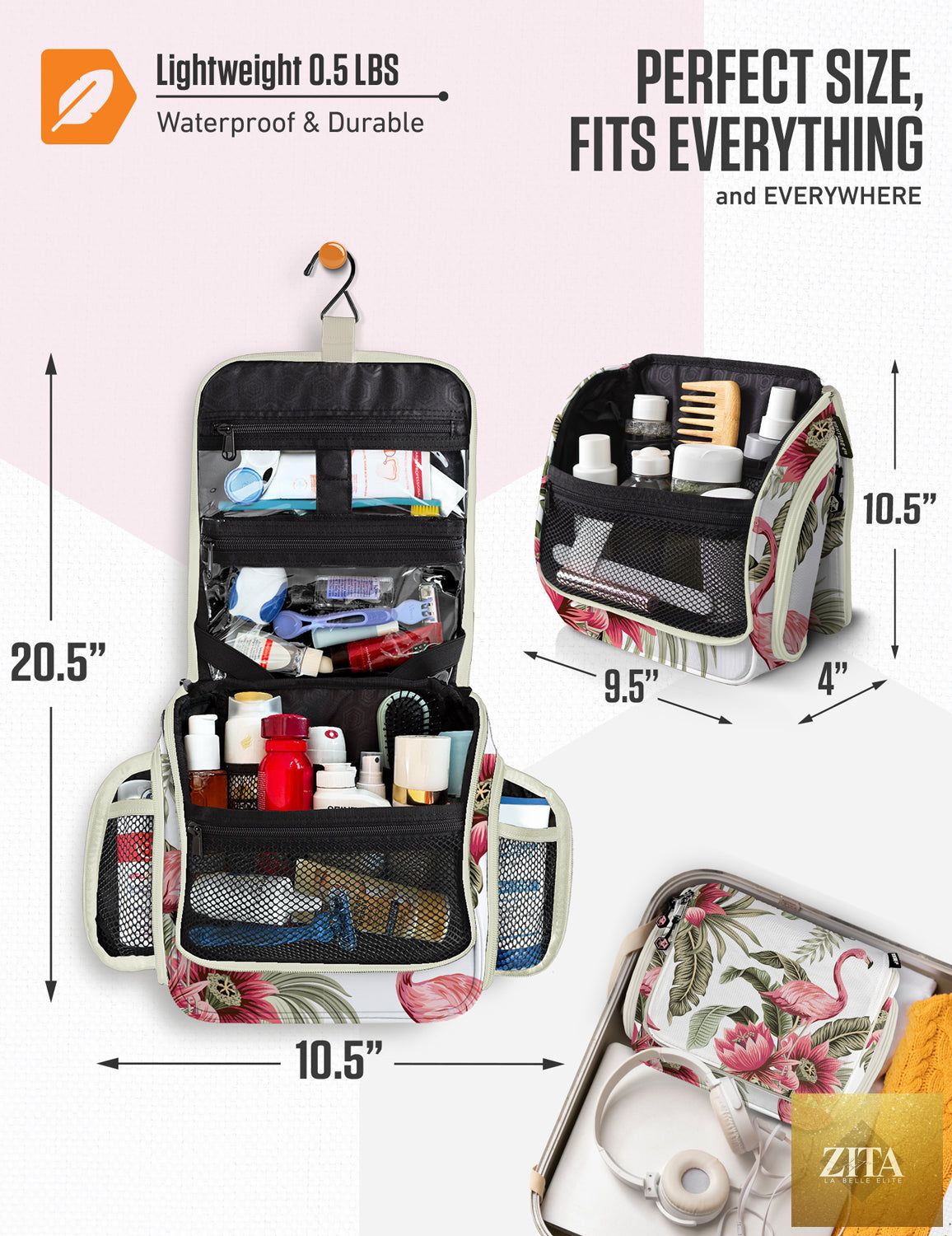 Pink flamingo hanging travel toiletry bag by VENTURE 4TH with multiple compartments and a sturdy hanging hook.