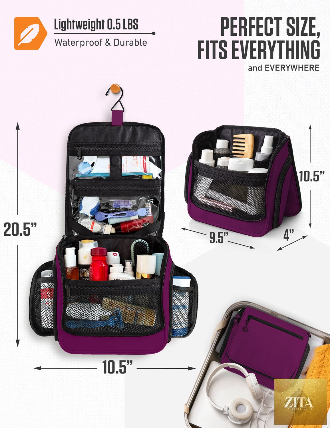 Purple and black VENTURE 4TH hanging travel toiletry bag with multiple compartments and a secure hook for easy packing.