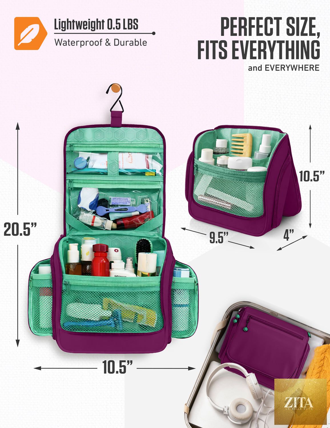 Purple and mint VENTURE 4TH hanging travel toiletry bag with multiple compartments, shown hanging open with toiletries inside.