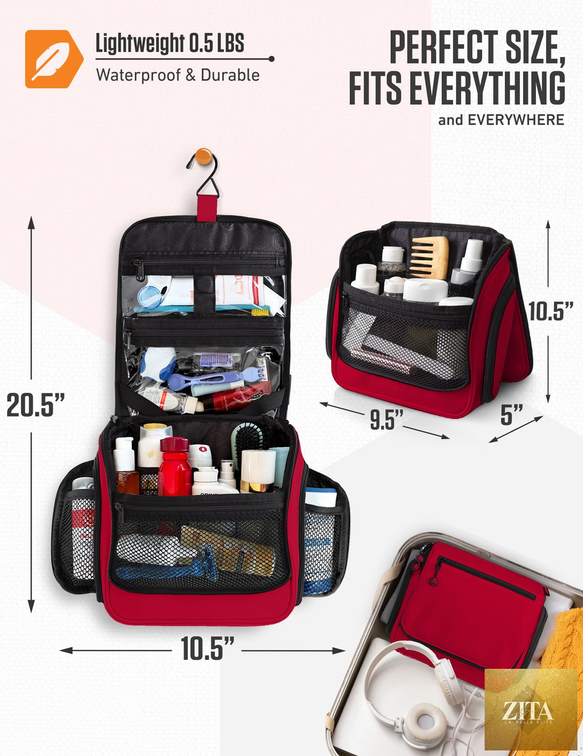 Venture 4th hanging travel toiletry bag in red and black, with multiple compartments and a sturdy hook for easy organization.