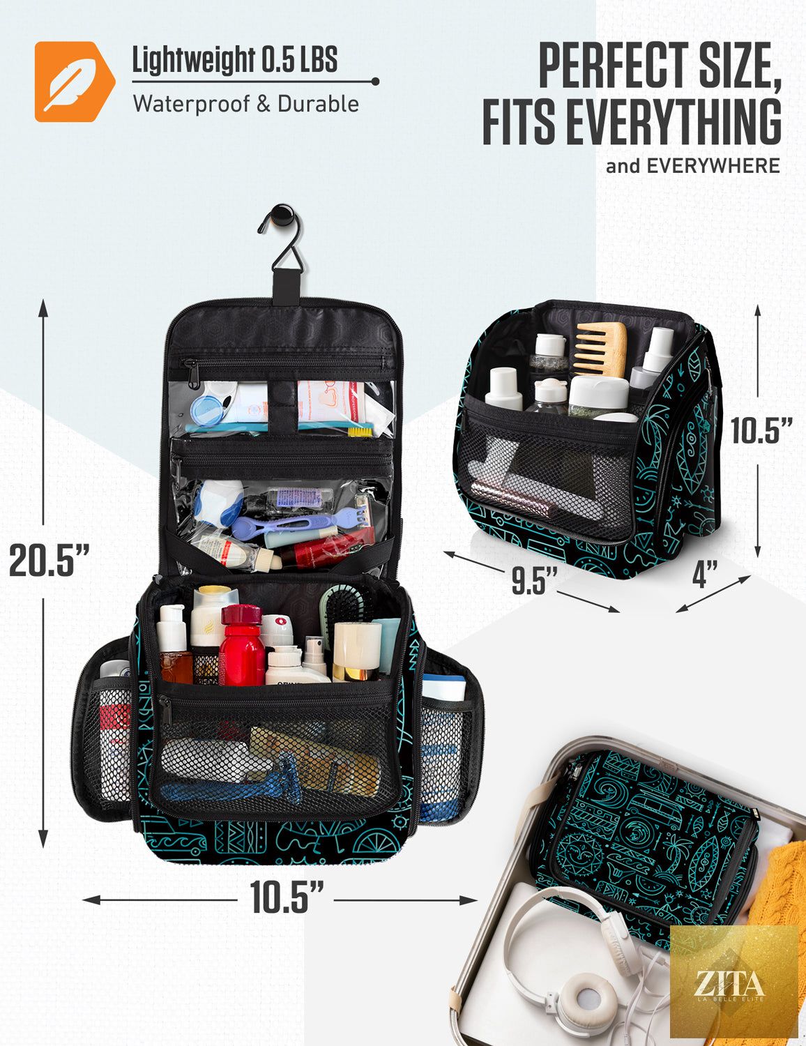 Ventura 4th hanging travel toiletry bag with multiple compartments, durable fabric, and hanging hook for easy organization.