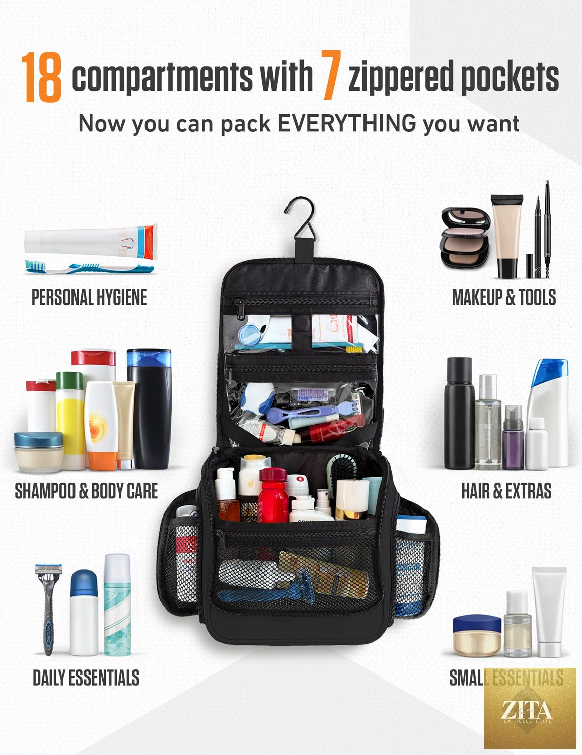 Ventura 4th hanging travel toiletry bag in black, with multiple compartments and hanging hook for easy organization
