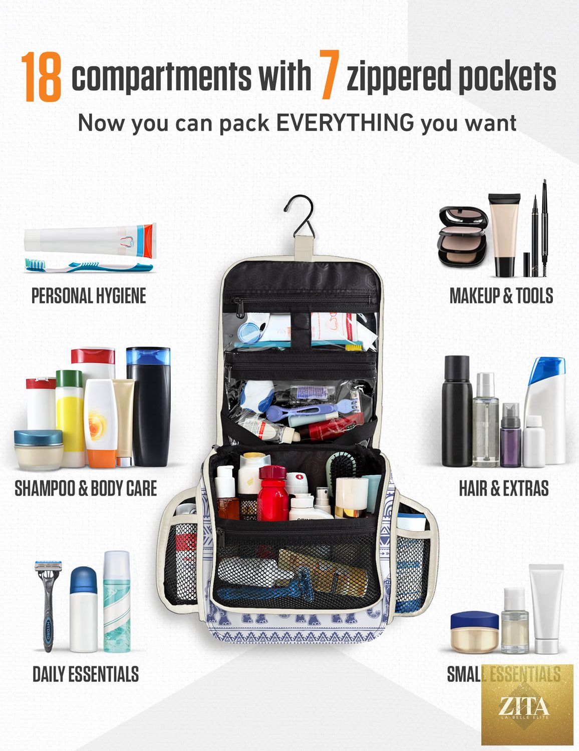 Blue VENTURE 4TH hanging travel toiletry bag with elephant design, showcasing multiple compartments and a sturdy hook.
