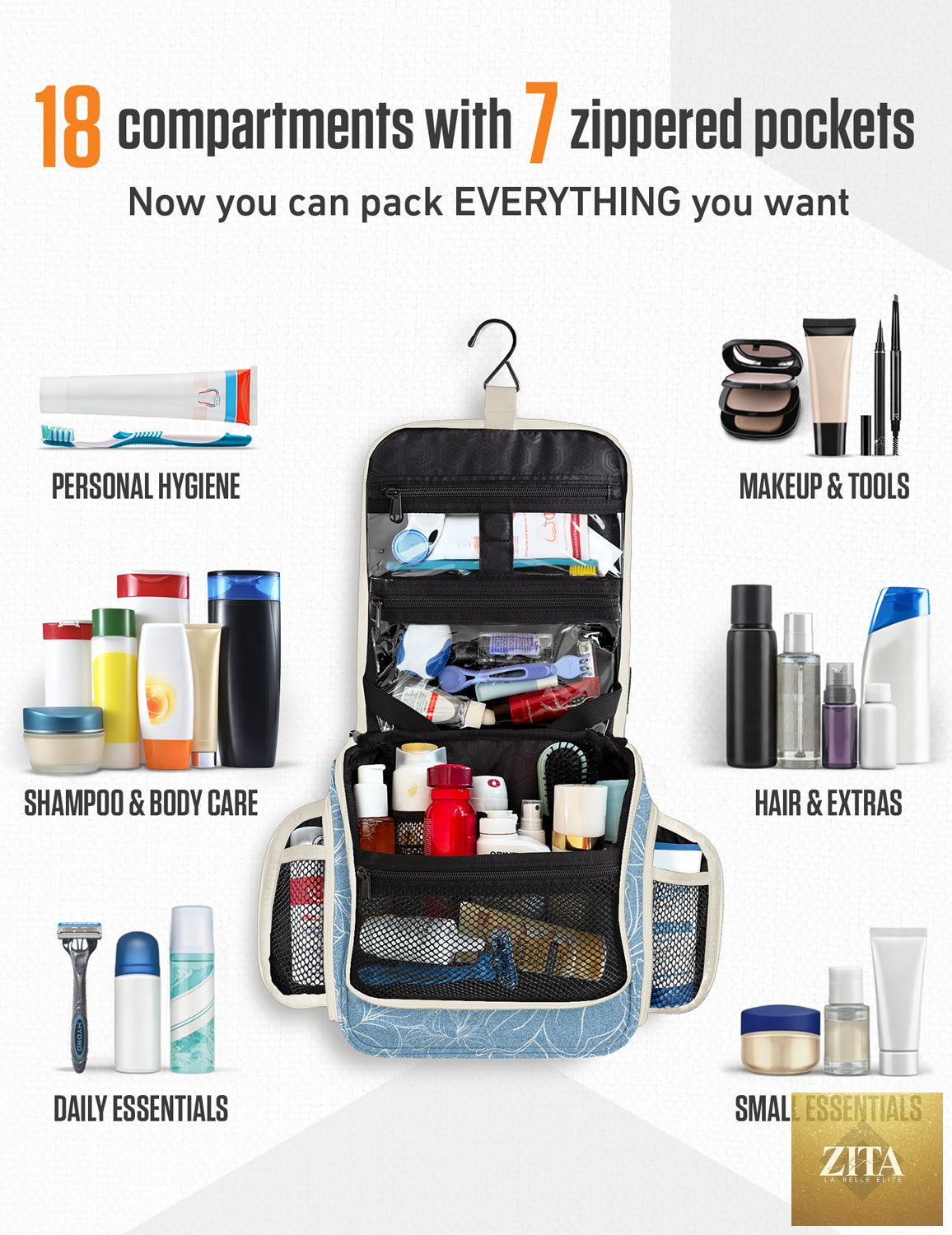 Venture 4th hanging blue floral travel toiletry bag with multiple compartments and a hook for easy organization.