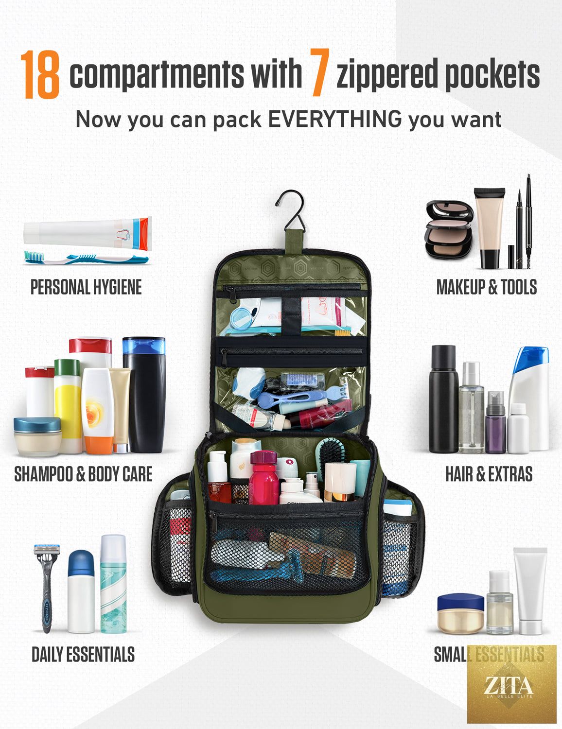 Venture 4th hanging travel toiletry bag with multiple compartments and hook for easy organization and access.