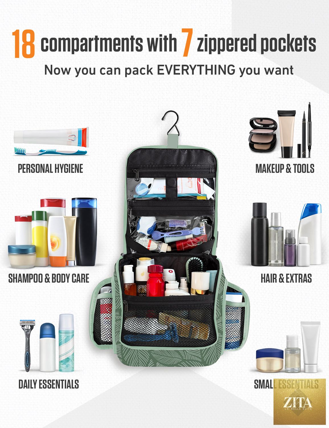 Venture 4th green leaves hanging travel toiletry bag with multiple compartments for toiletries and personal items.