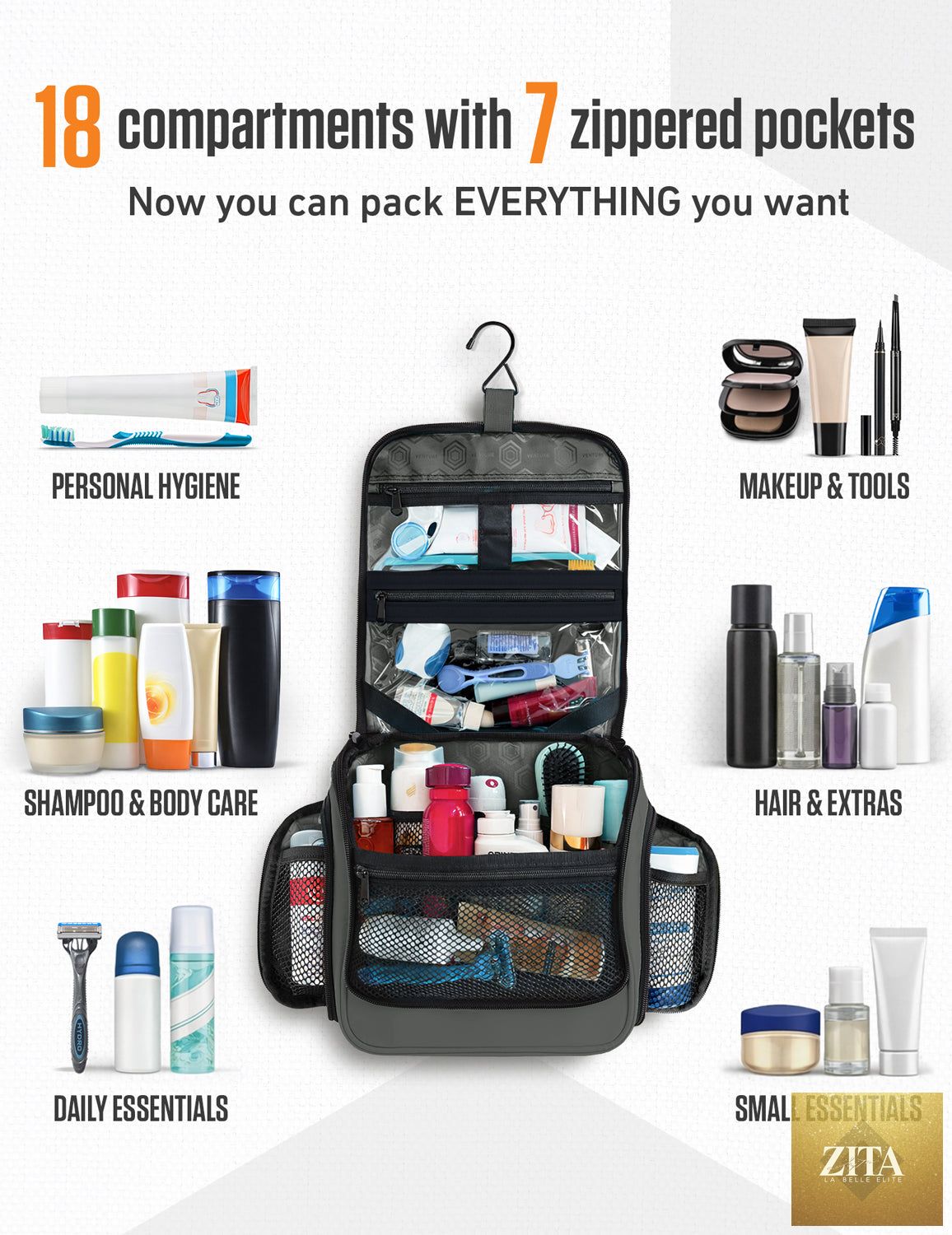 Gray VENTURE 4TH hanging travel toiletry bag with multiple compartments and zip closures, displayed hanging open for organization.