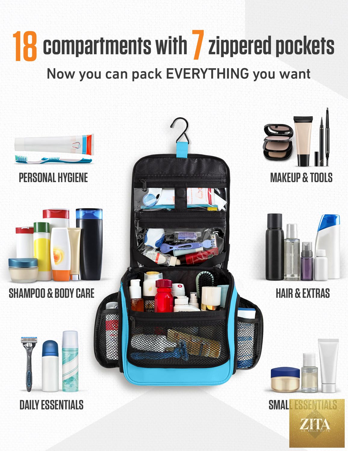Light blue hanging travel toiletry bag by VENTURE 4TH with multiple compartments and a sturdy hanging hook.