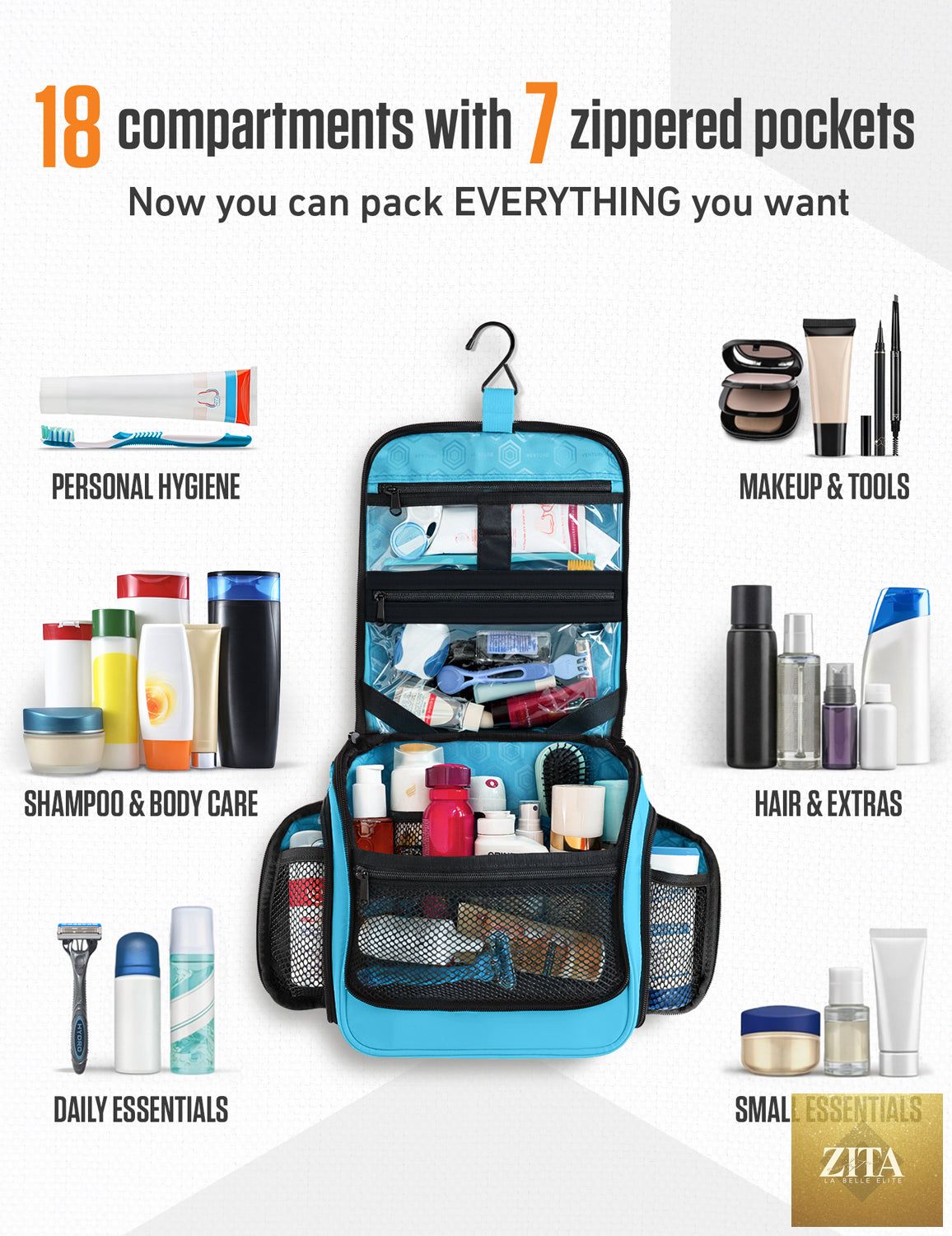 Light blue VENTURE 4TH hanging travel toiletry bag with multiple compartments and a secure hanging hook.