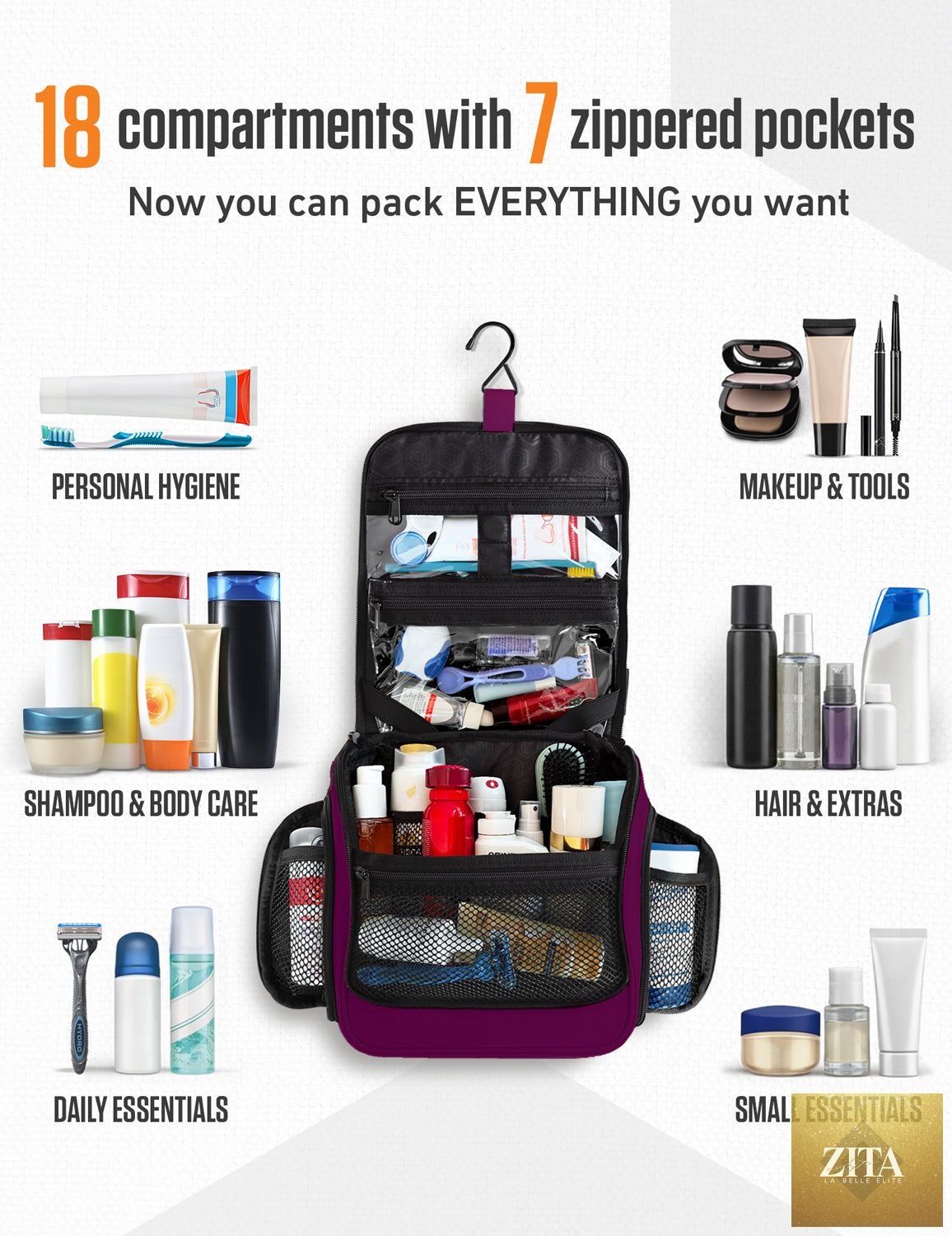 Venture 4th purple and black hanging travel toiletry bag with multiple compartments and hook for easy packing.