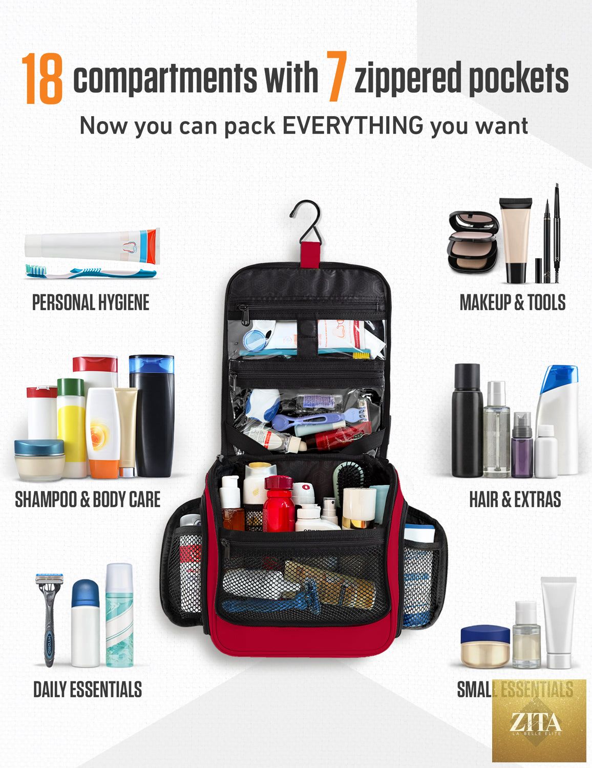 Venture 4th hanging travel toiletry bag in red and black, with multiple compartments and hooks for organization and convenience.