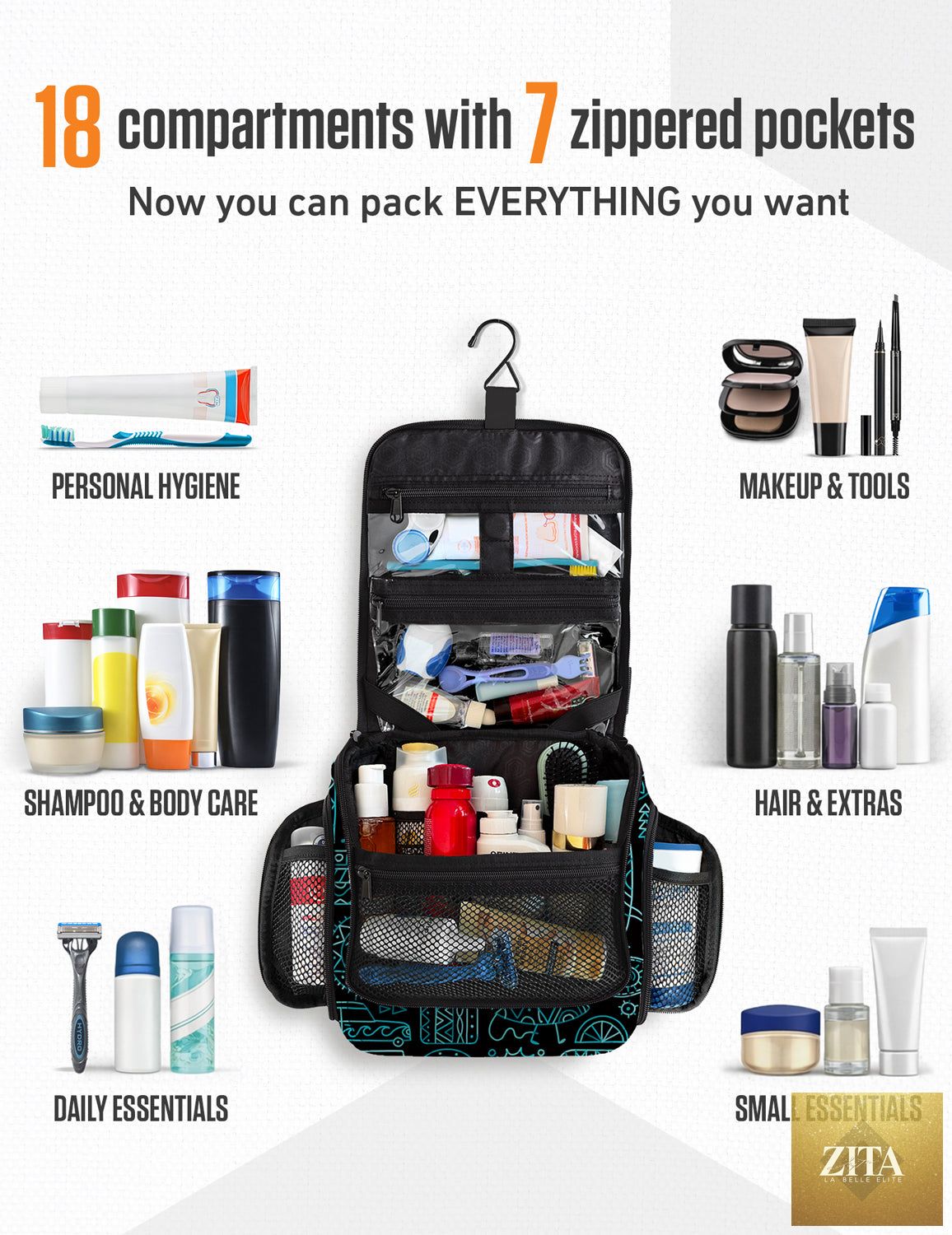 Venture 4th hanging travel toiletry bag with multiple compartments, shown open with toiletries inside, for convenient organization.