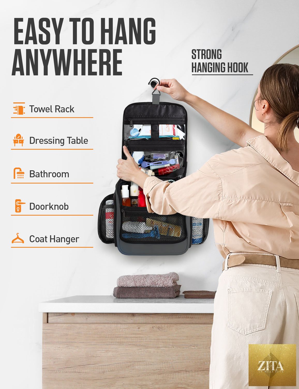 Gray and black VENTURE 4TH hanging travel toiletry bag with multiple compartments and hanging hook for easy organization.