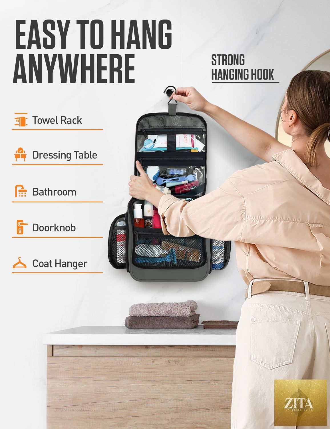 Gray VENTURE 4TH hanging travel toiletry bag with multiple compartments and a compact design for easy packing and organization.