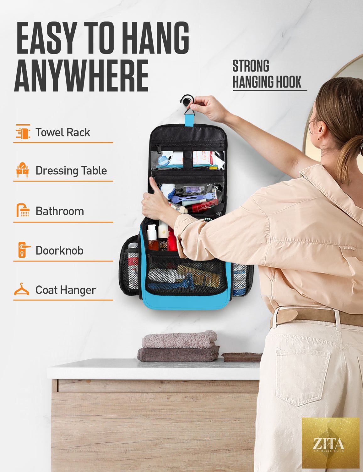 Light blue VENTURE 4TH hanging travel toiletry bag with multiple compartments and adjustable hook for easy packing and organization.
