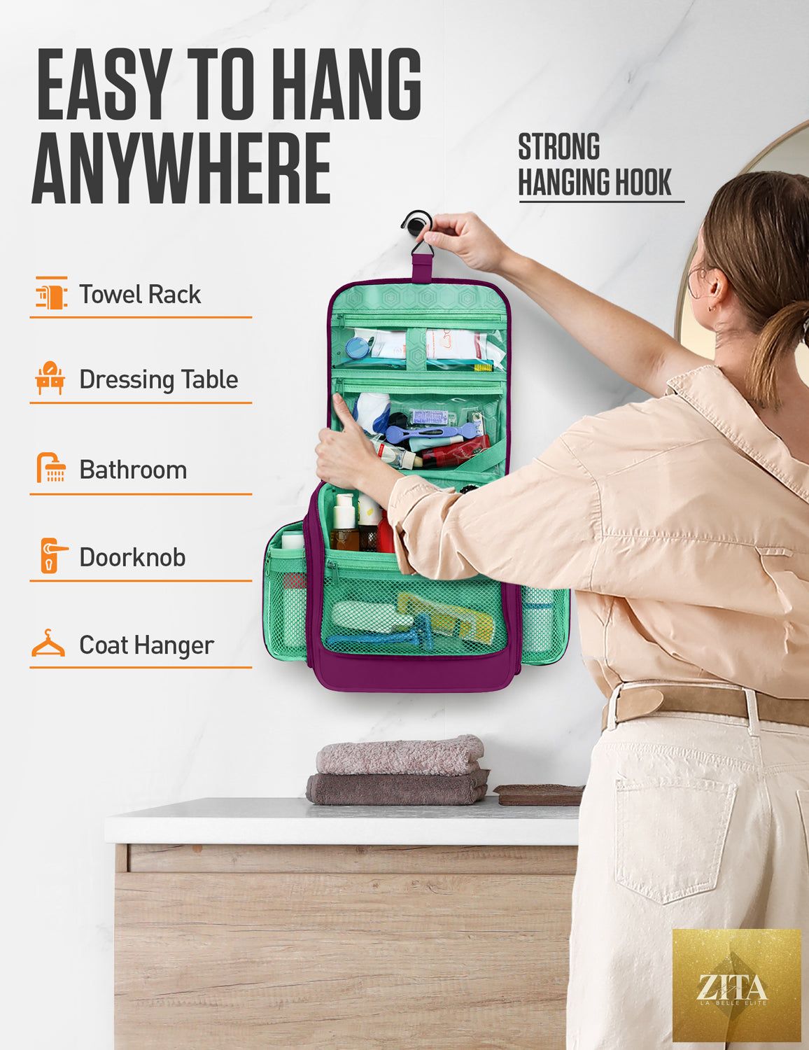 Venture 4th purple and mint hanging travel toiletry bag with zippered compartments and hanging hook for organization.