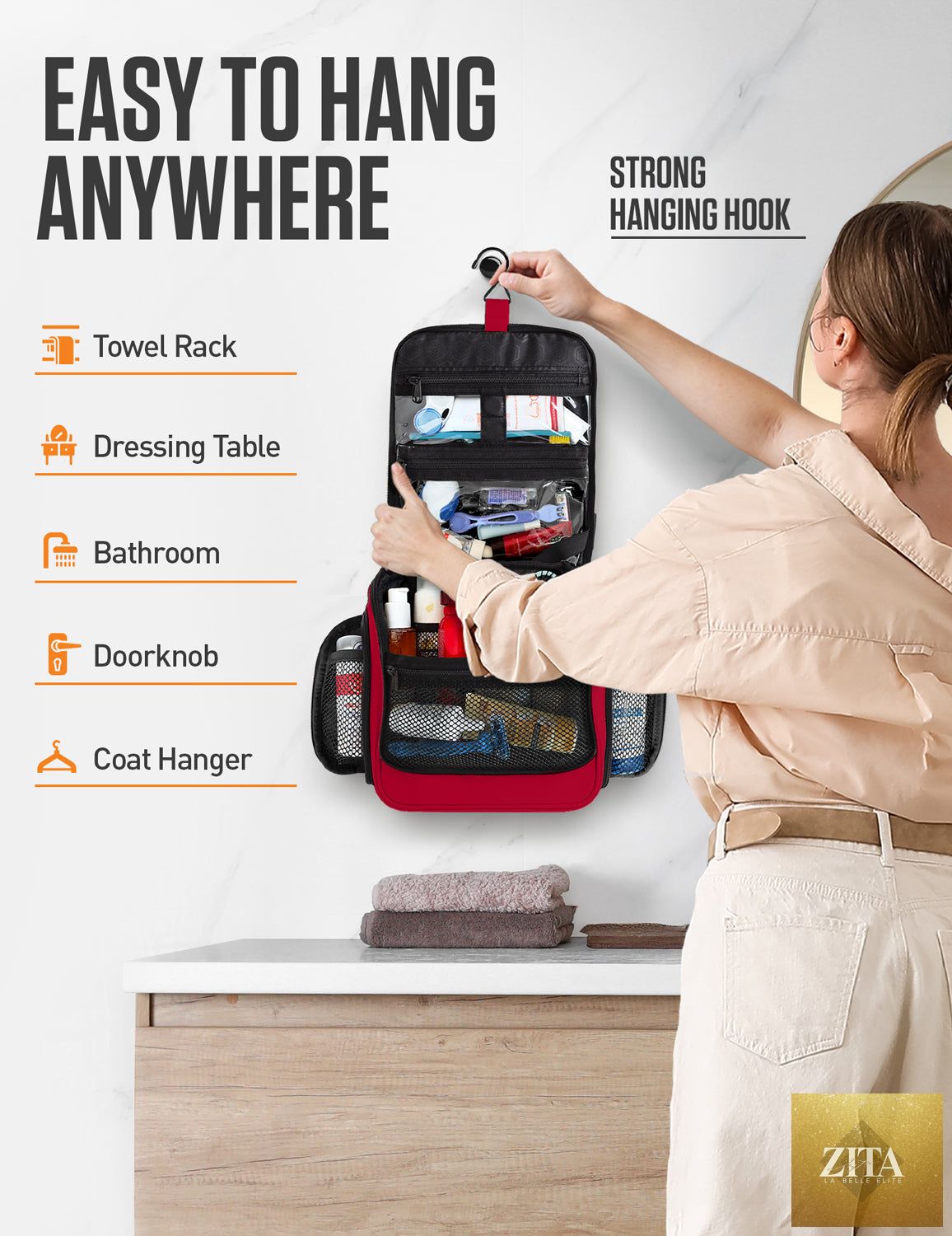 Venture 4th hanging travel toiletry bag in red and black with multiple compartments and a hanging hook for easy organization.