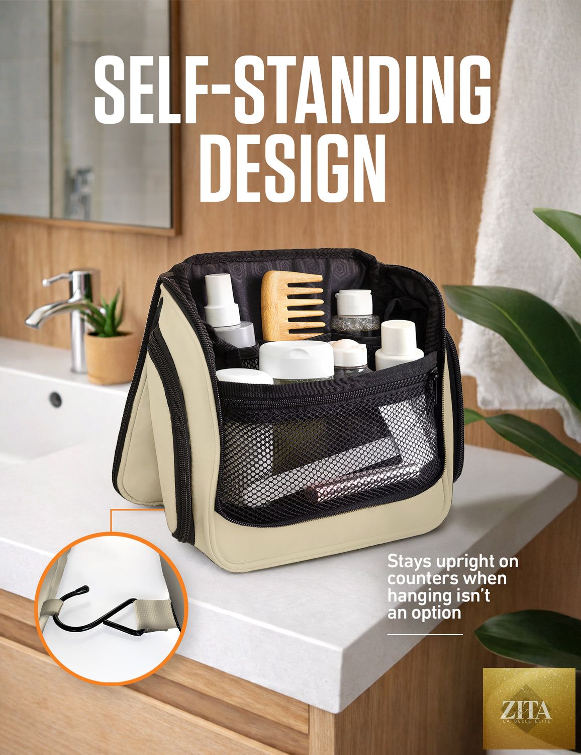 Venture 4th hanging travel toiletry bag in beige with multiple compartments and a hook for easy organization on trips