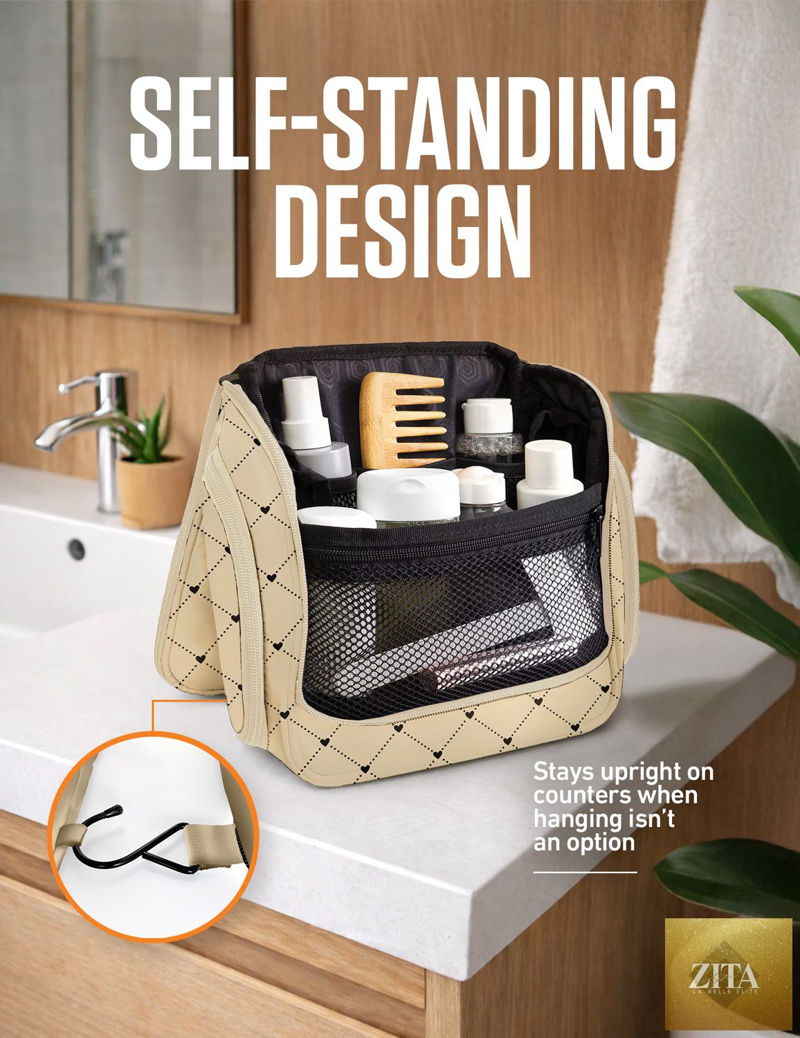 Ventura 4th hanging travel toiletry bag in beige with diamond pattern, compact and organized for easy packing on trips.