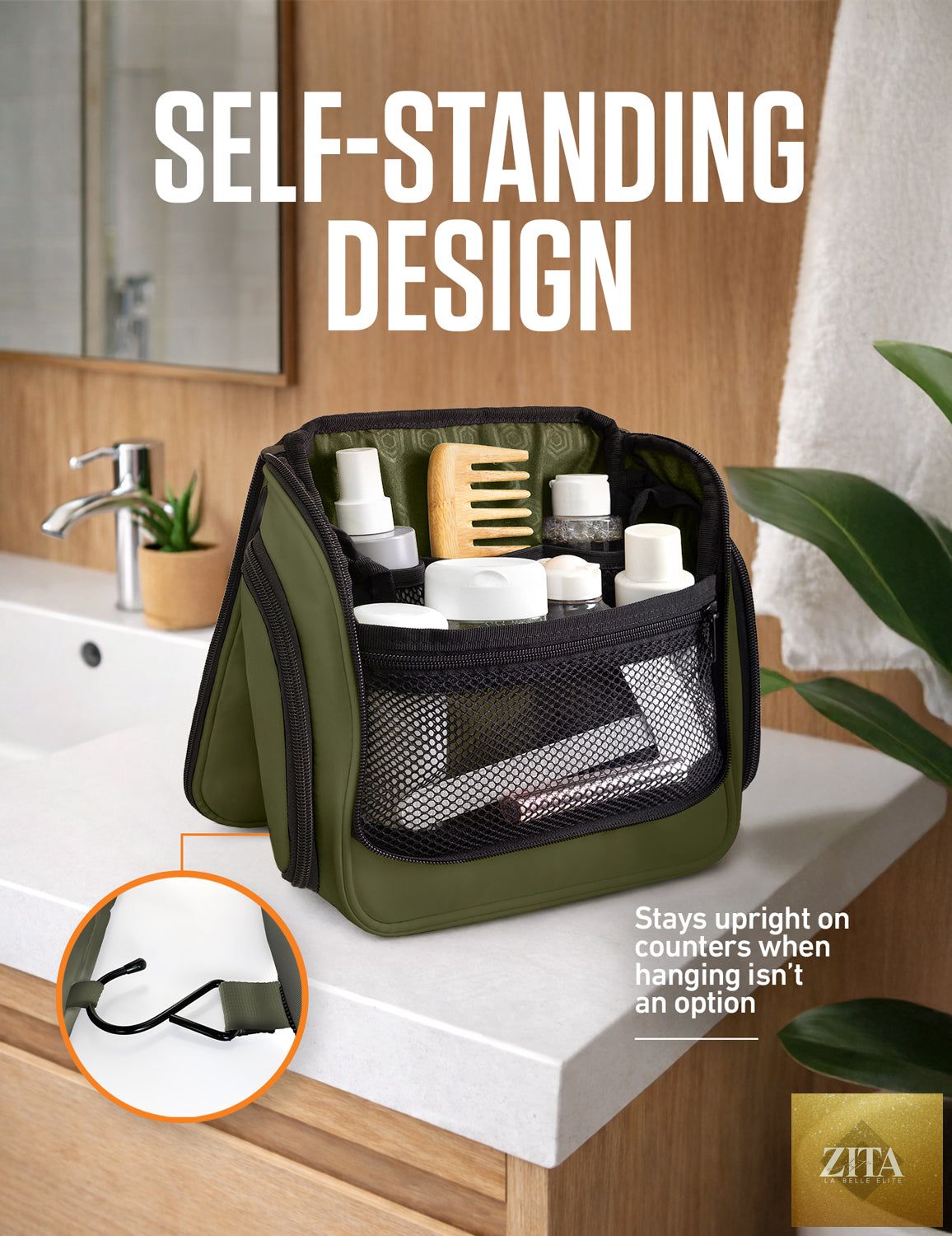 Venture 4th hanging travel toiletry bag with multiple compartments and a hook for easy organization and access.