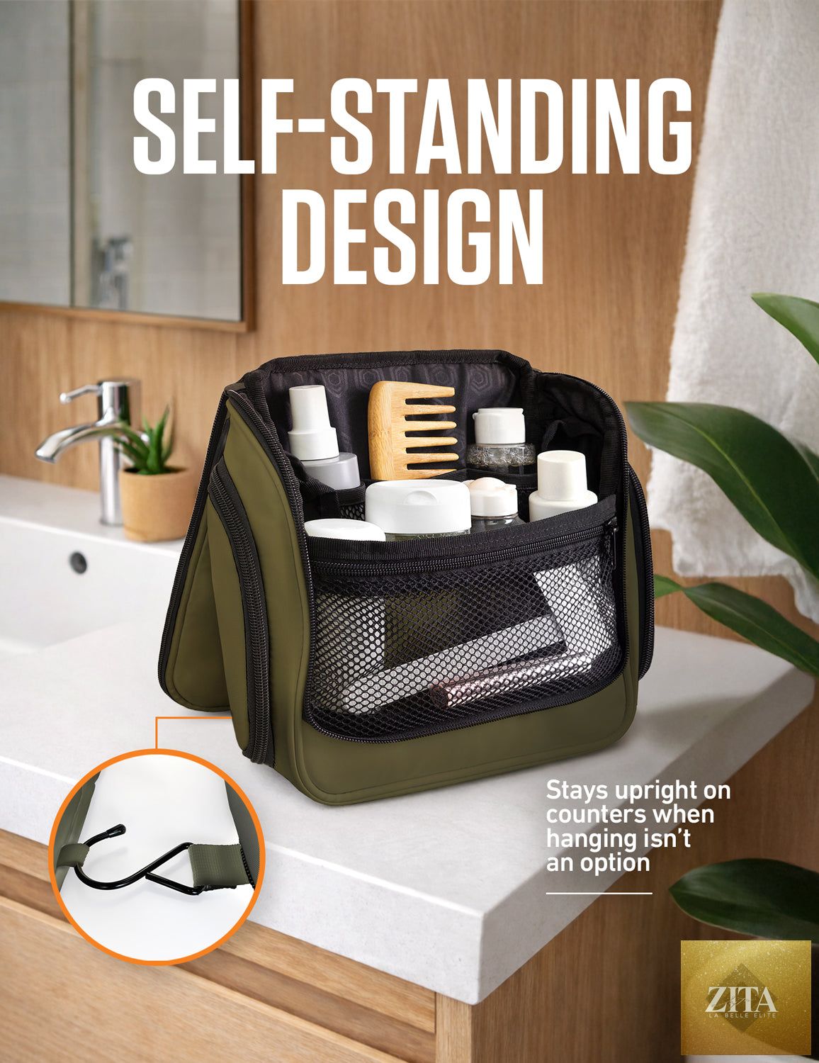 Venture 4th hanging travel toiletry bag in green and black with multiple compartments, hanging hook, and compact design.