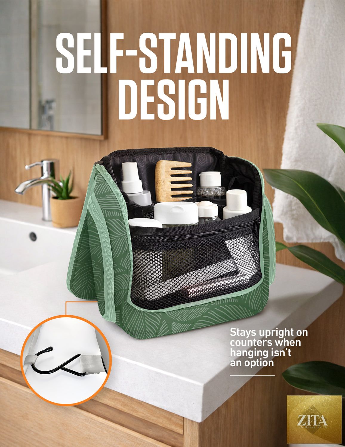 Venture 4th hanging travel toiletry bag with green leaves design, compact and organized for toiletries and travel essentials.