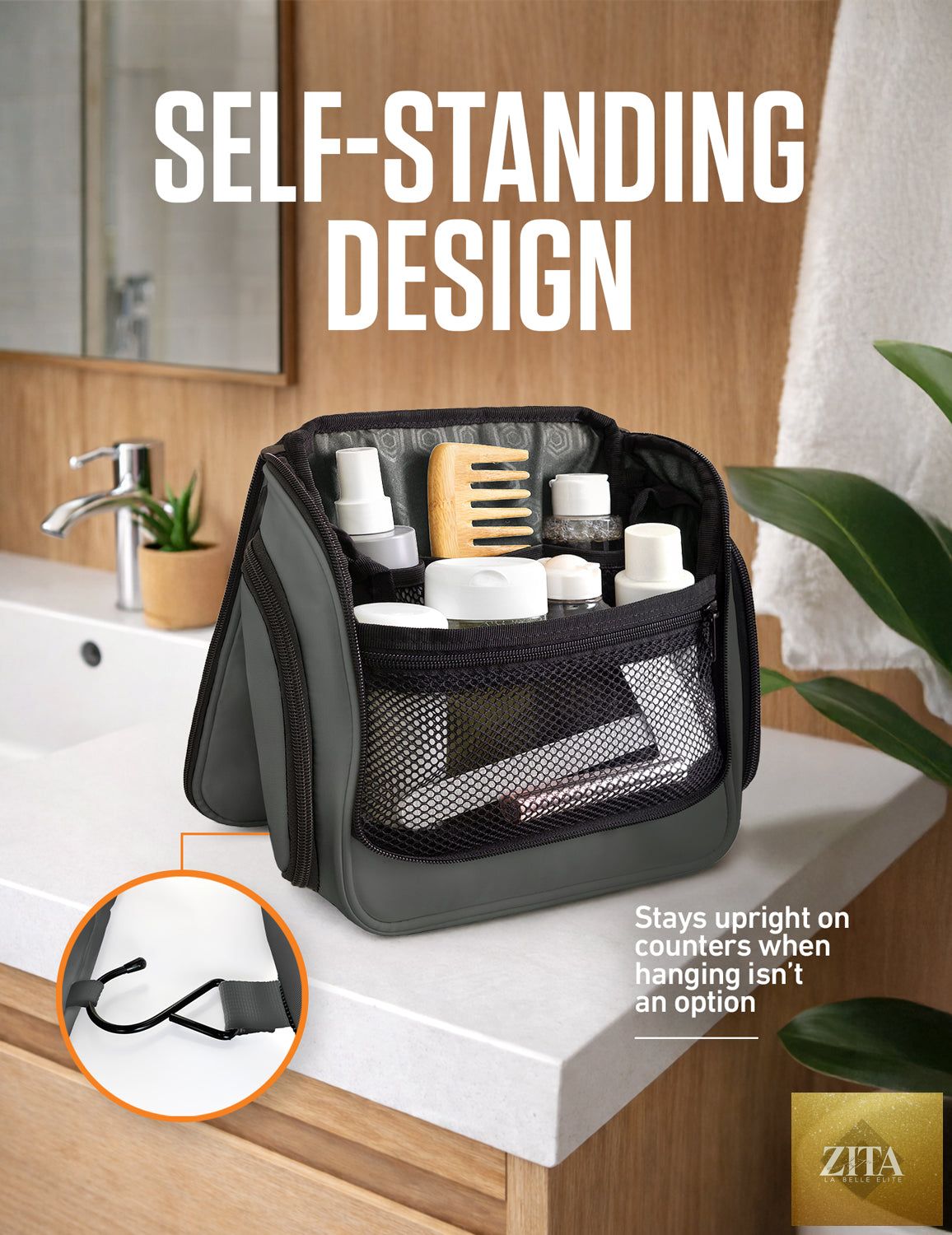 Gray VENTURE 4TH hanging travel toiletry bag with multiple compartments and sturdy zipper for organizing toiletries.